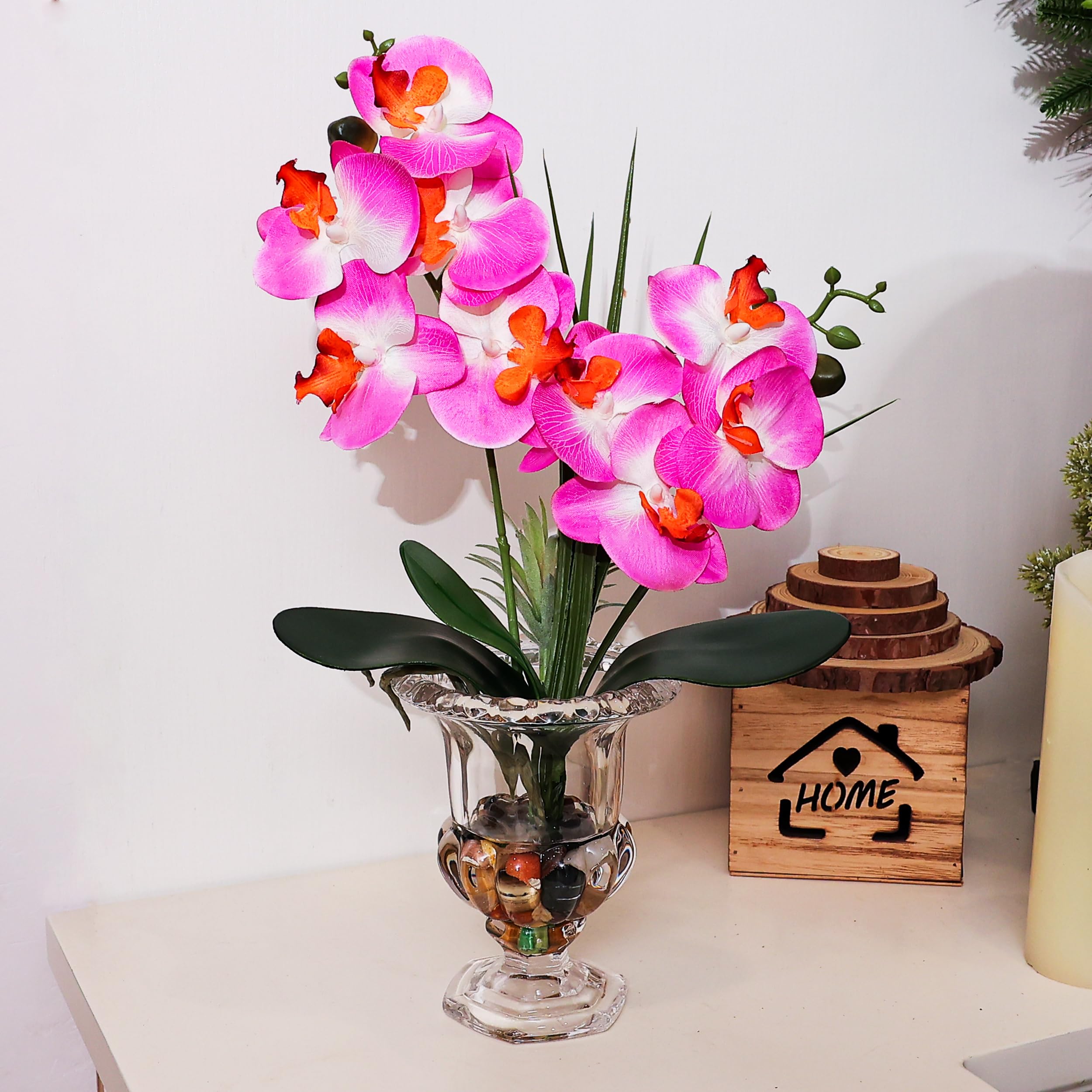 Alyphyly Artificial Flower Bonsai with Wine Glass Vase Vivid Orchid Flowers Arrangement Phalaenopsis Flowers Pot for Home Office Décor Table Centerpiece House Decorations(Glass Vase/Purple Orchid) - Image 4