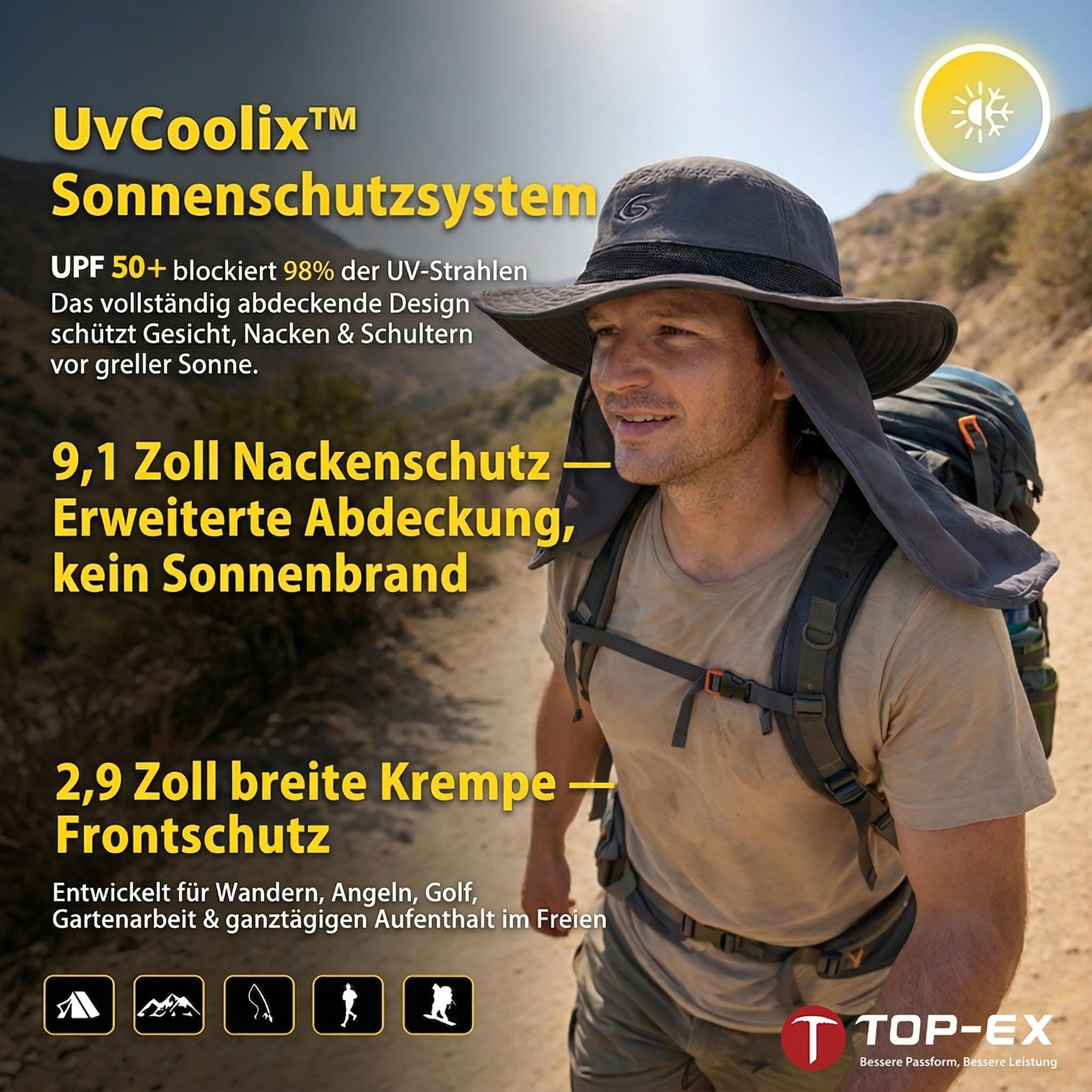 TOP-EX UVCoolix Sombrero de sol refrescante con protección para el cuello UPF 50+ de ala ancha, sombrero de pesca para hombre y mujer, al aire libre, senderismo, pesca, viajes