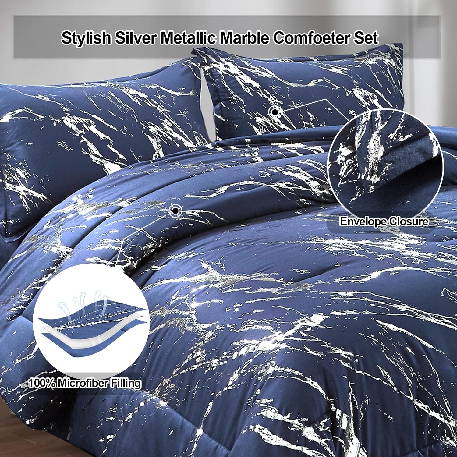 Navy Blue Silver Metallic Marble Comforter Set King Foil Print Glitter Bedding Sets with 2 Pillowcases for All Seasons, Soft Microfiber Filling Bedding Duvet Set 103"x90"