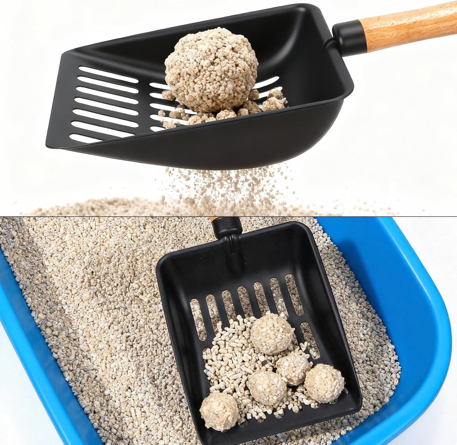 Cat Litter Scoop, Metal Litter Scoop, Heavy Duty Metal Cat Scooper for Litter Box, Black Sifter Scoop for Pellets, Wooden Handle Scoop with Hole, Kitty Necessity (Black, Long)