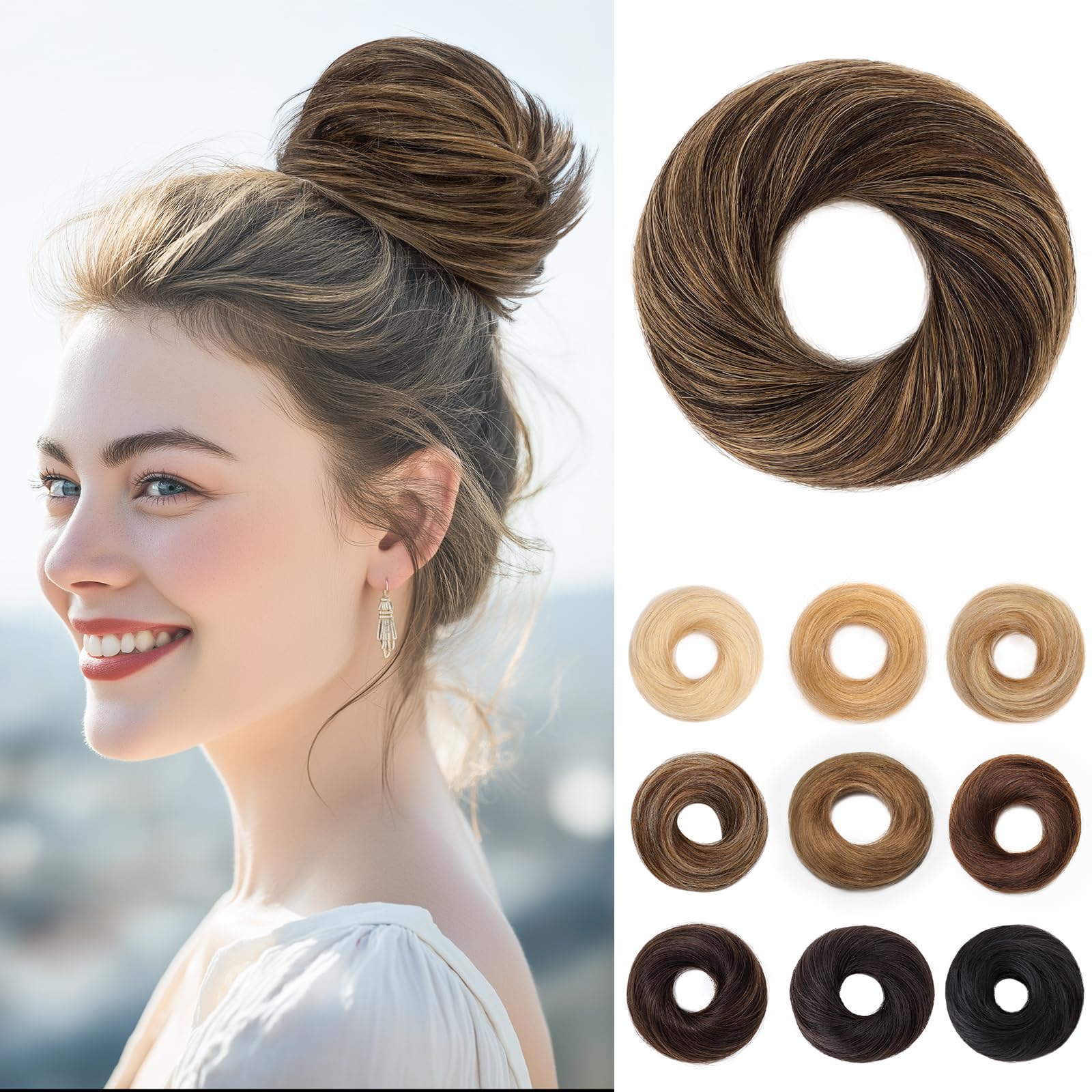 SEGOHAIR 17G Messy Bun Scrunchies Human Hair Straight Donut Hairpiece for Women Girls Natural Black Mixed Dark Linen Hair Bun Maker Elastic Real Remy Donuts Updo Chignon