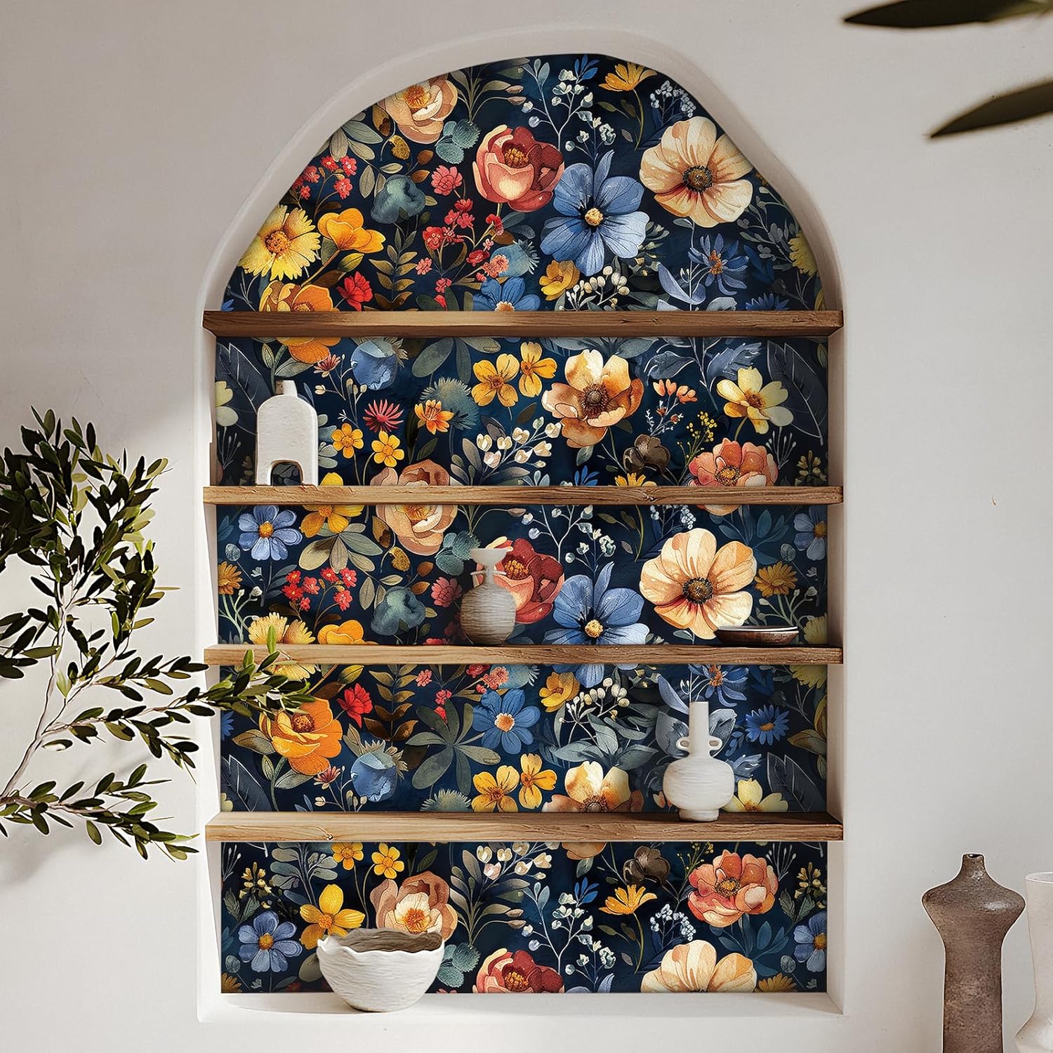 Livelynine 17.5x276" Floral Wallpaper Peel and Stick Boho Flower Bold Colorful Floral Wall Paper Removable Bathroom Retro Dark Blue Floral Contact Paper Decorative Vinyl Self Adhesive Shelf Liner Roll