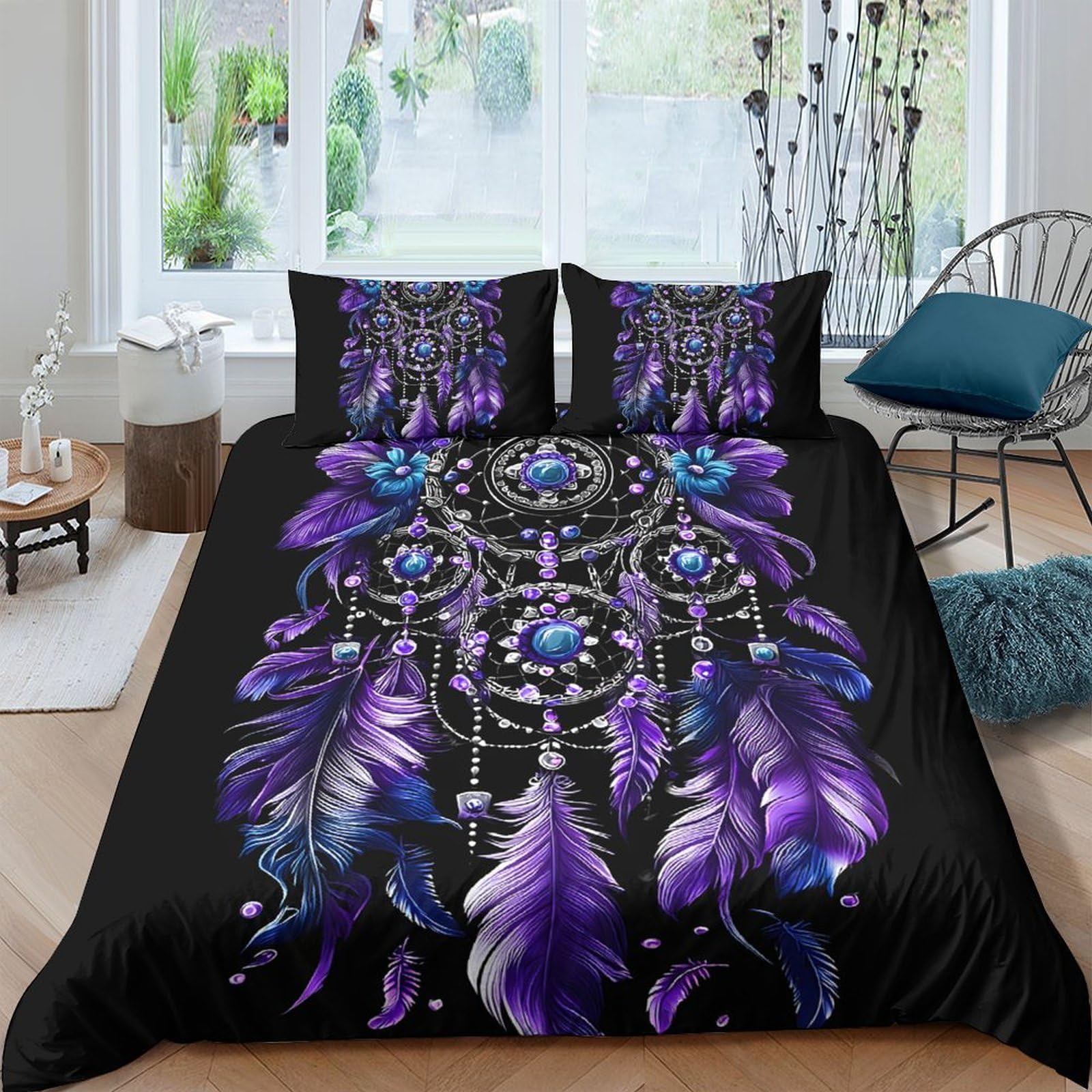 Ctjqhvkz Style-5 3D Printed Purple Dreamcatcher Fitted Sheet Microfiber Black Feather Bed Cover For Bedroom Dorm Protective Decor Single（135X200cm）