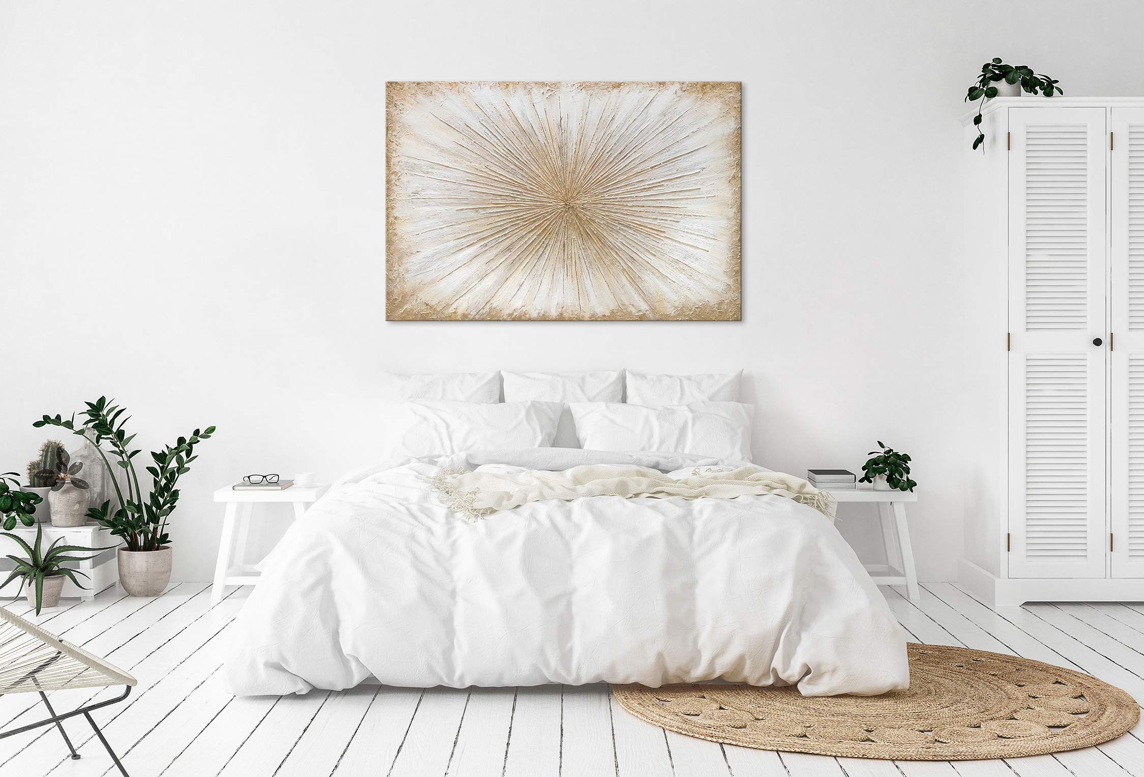 YS-Art Abstrakt Acryl Gemälde auf Leinwand Sonnenstrahlen handgemalt Wandbilder Wohnzimmer modern Wohndekor Design Bild Sonne Gold echte Kunst 120x80 cm