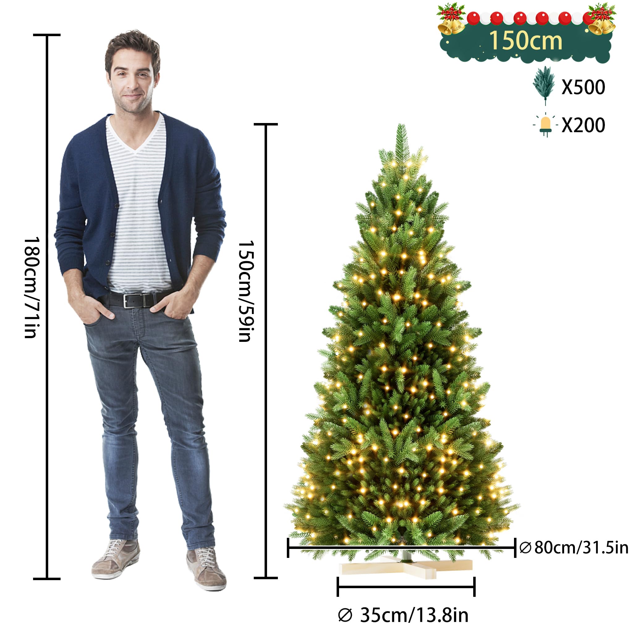 FIVMEN Weihnachtsbaum Künstlich mit Beleuchtung 150 cm PVC/PE Tannenbaum Christbaum Naturgetreu mit Holzsockel Weihnachtsbäume Christmas Tree Weihnachtsdeko