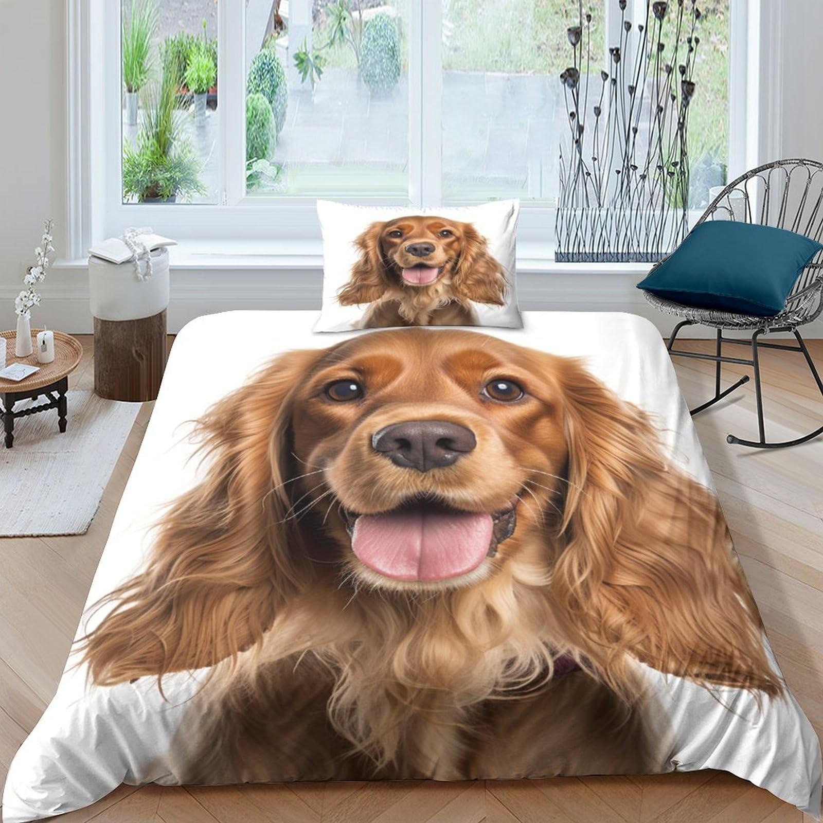 ZHUICHENG Cocker Spaniel Reversible 2 Piece Duvet Cover,3D Bedding Sets,Geometrical Bed Hound Quilt Covers With Pillow Cases for Kids Adult Teens Theme Comforter Cover Easy Care Single（135x200cm）