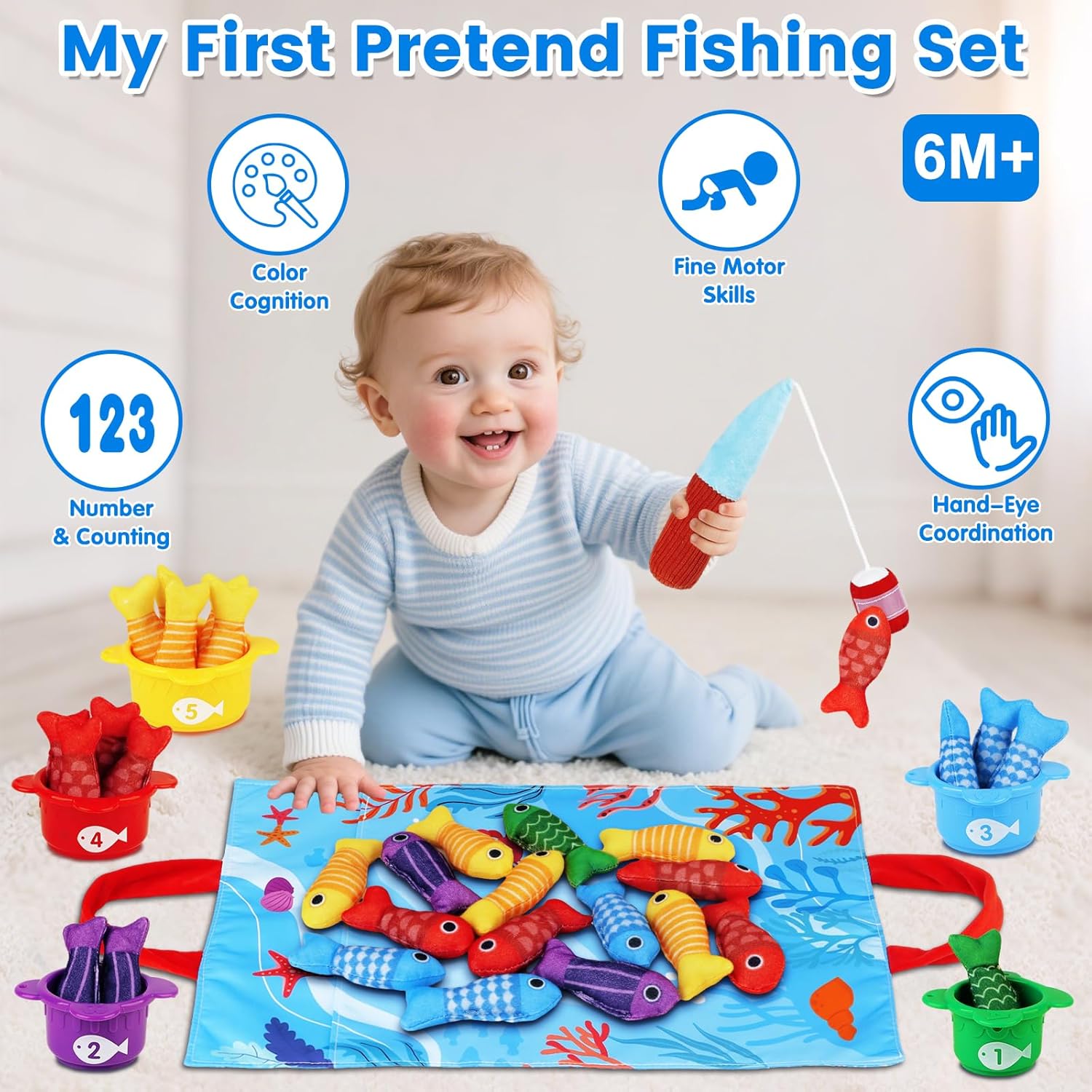 Montessori Toys for 1 Year Old Boy Girl - Toddler Toys Cloth Fishing Game with Stacking Cups - Sorting Learning Baby Toy 12-18 Months One Year Old Boys Girls First Birthday Gifts for 1 2 Year Old
