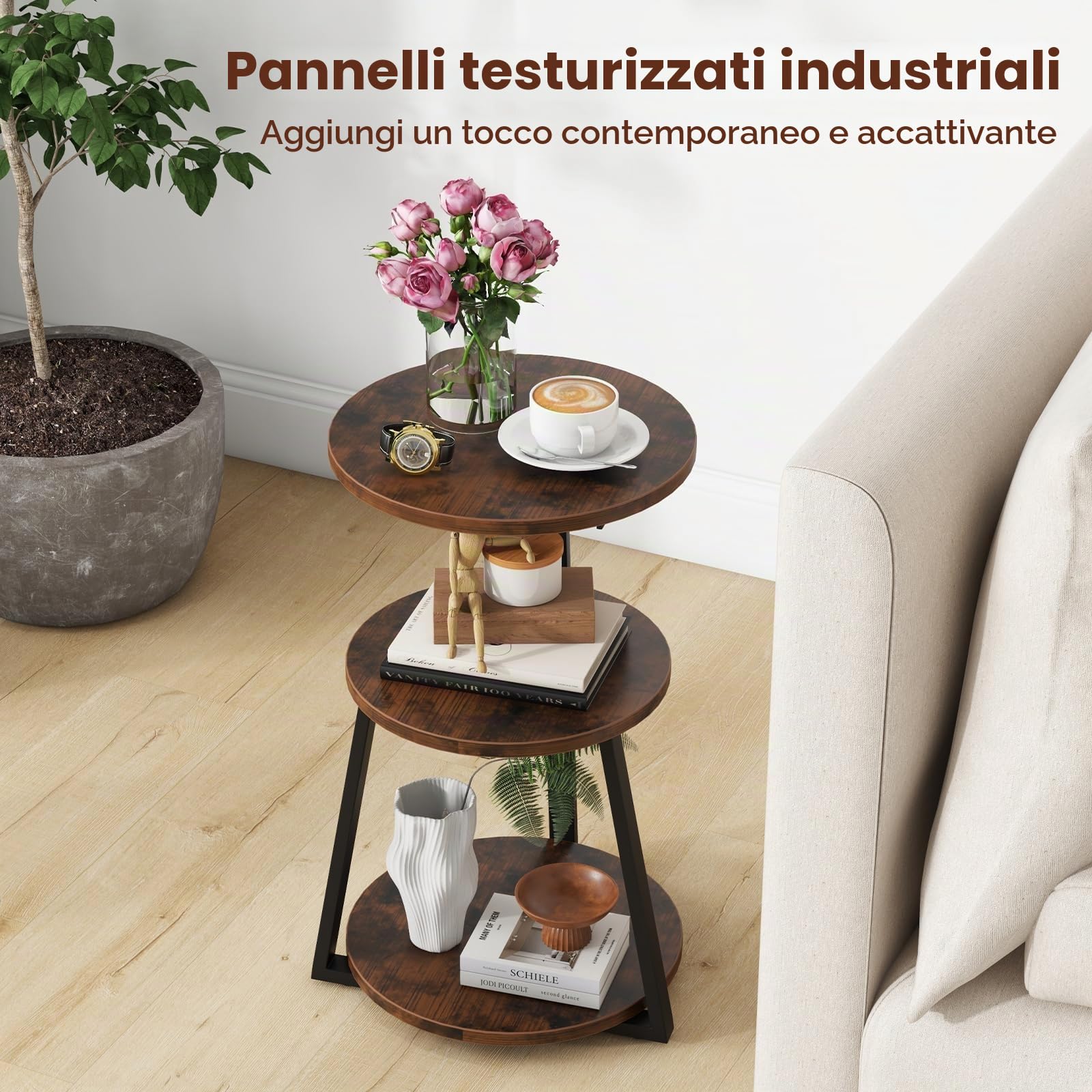 GIANTEX Tavolino a 3 livelli 62 cm, comodino con 3 ripiani in legno, tavolino da caffè con telaio in metallo con piedini regolabili, tavolino rotondo design industriale