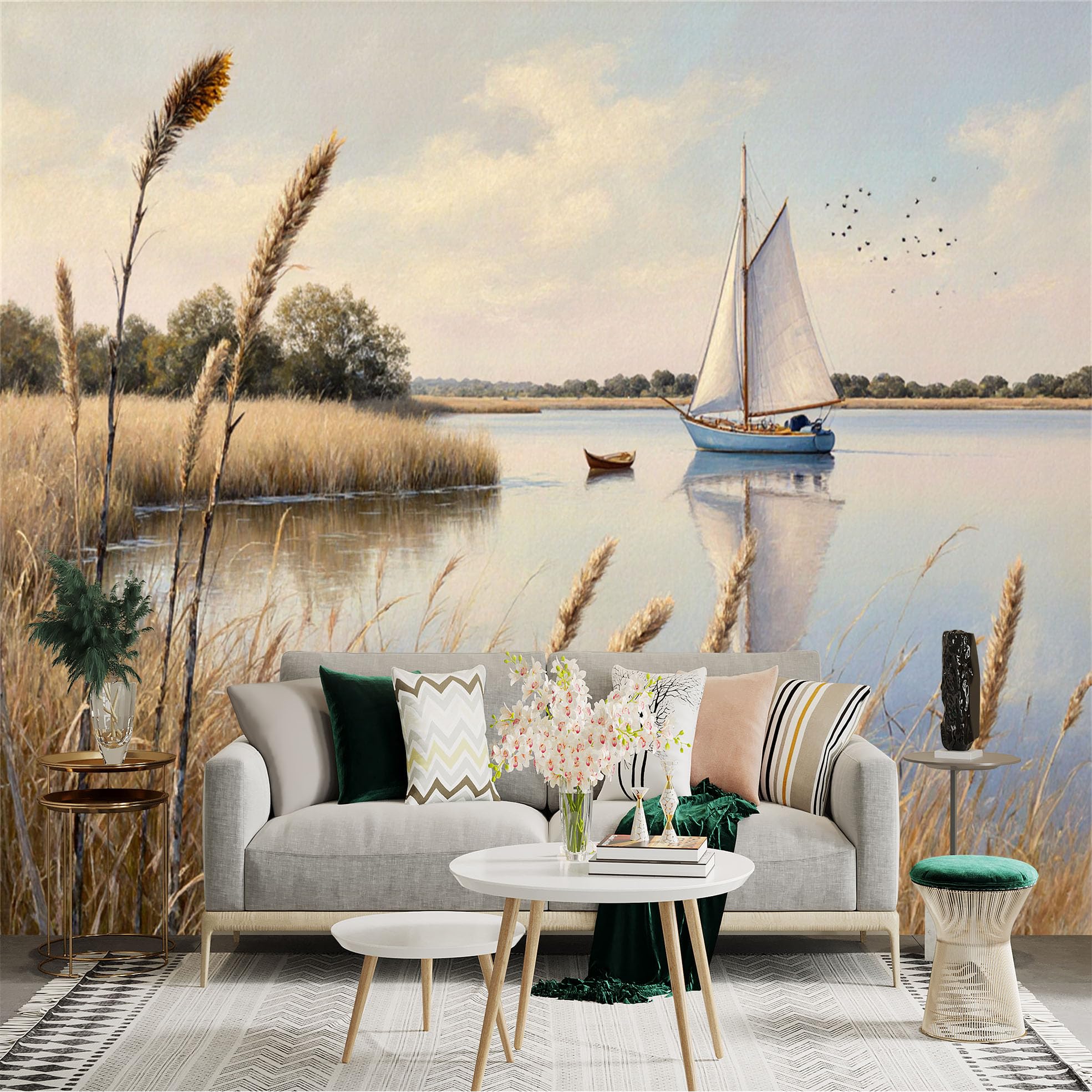 Lnzczhyre Xc260505107 Custom Size Wall Sticker Mural， Sailboat On Calm Lake， Golden Reed Fields， Peaceful Nautical Scenery， For Wall Decoration， Peelandstick Wall Decals.