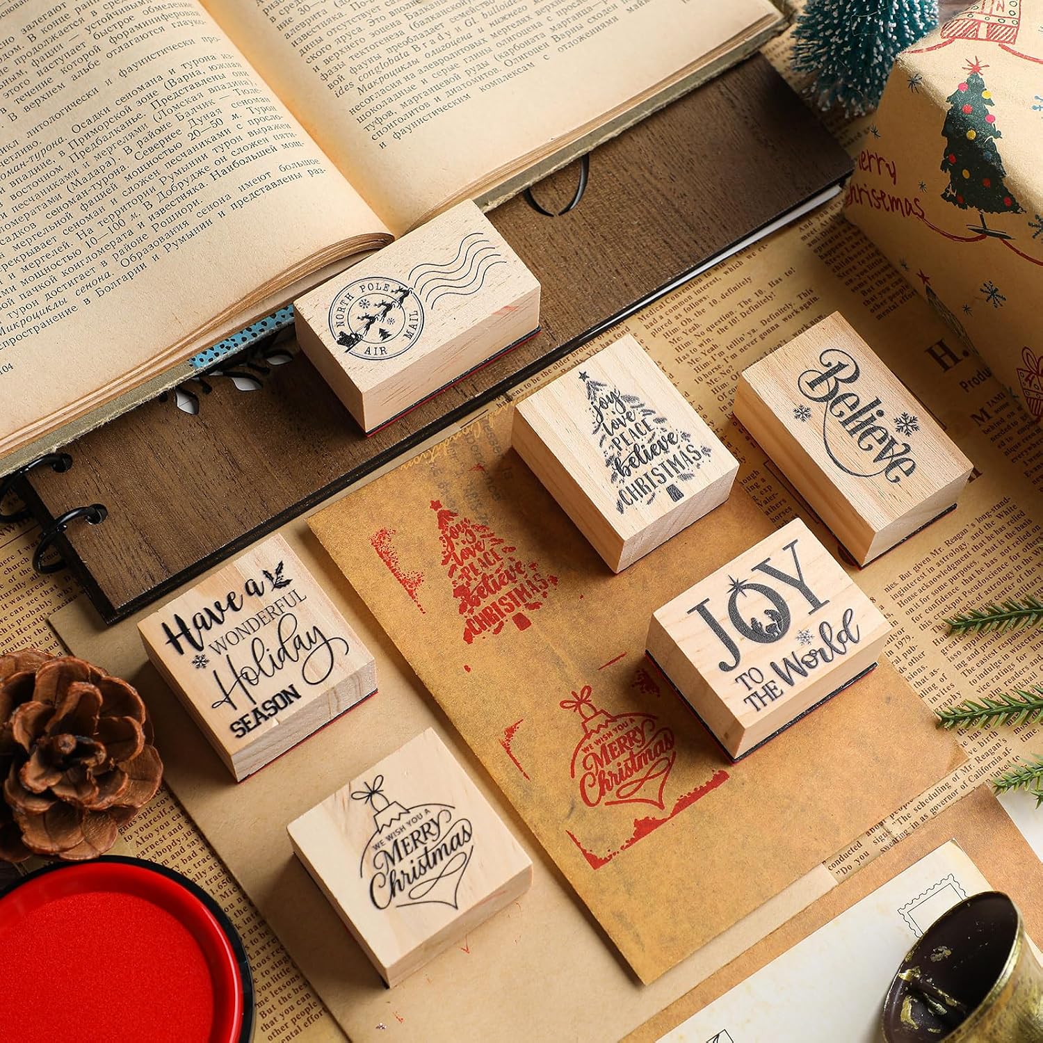Watersay 6 Pcs Christmas Rubber Stamp Set Merry Christmas Wooden Rubber Stamp Snow Tree Stamps Vintage Wooden Art Stamps for Crafting and DIY Scrapbooking Card Making Hand Book (Retro)