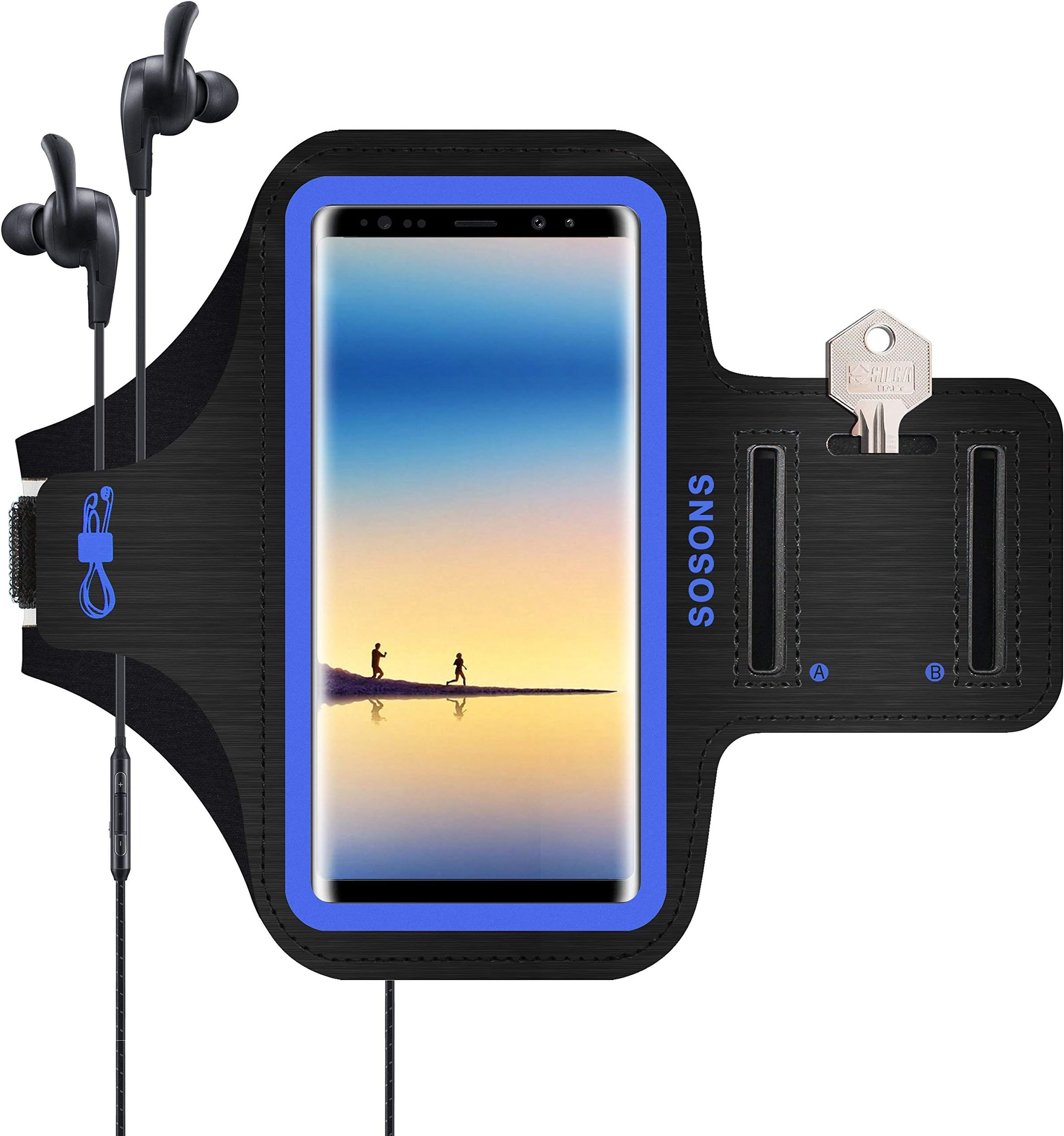SOSONSArmband for Samsung Galaxy Note 8/9/10/20+,Galaxy S22/S21/S10/S9/S8+, Water Resistant Sports Gym Armband Case for Samsung Galaxy Note/S/A/F Series,with Card Pockets and Key Slot(Blue)