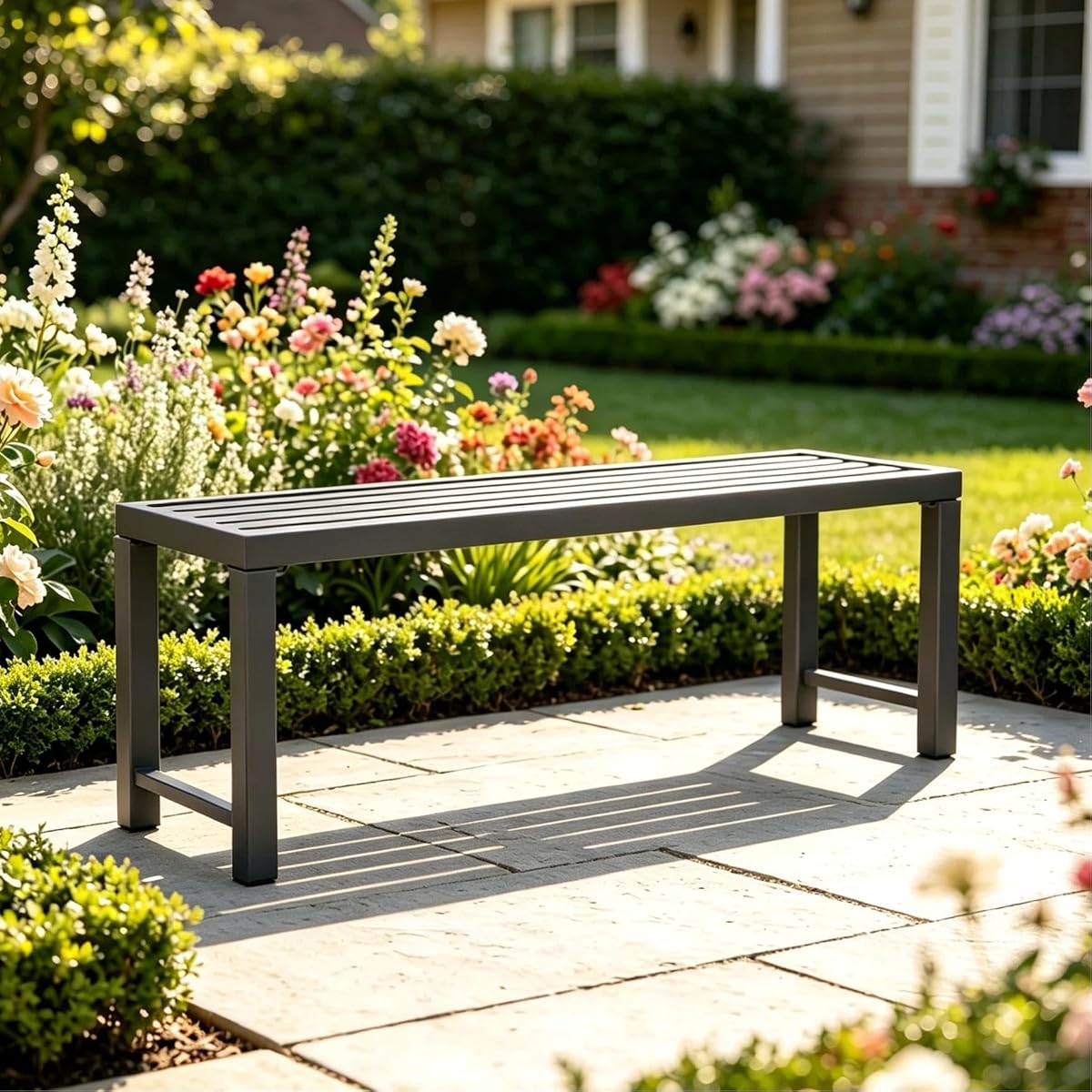 Outdoor Metal Backless Bench, 46" Patio Garden Bench for Outdoor, All Wheather Outdoor Bench for Garden, Backyard, Porch, Grey