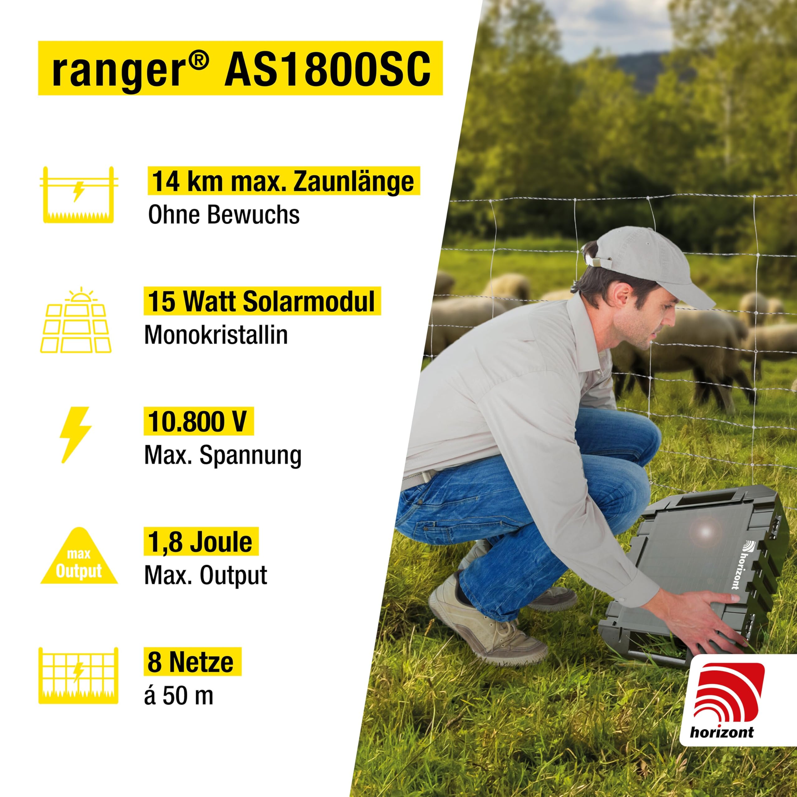 horizont Solar Weidezaungerät 12 V ranger ® AS1800SC - mit integriertem 15 W Solarpanel und 12 Ah Akku - für Zaunlängen bis zu 14 km oder 8 Elektronetze á 50 m, 11.800 V maximale Spannung