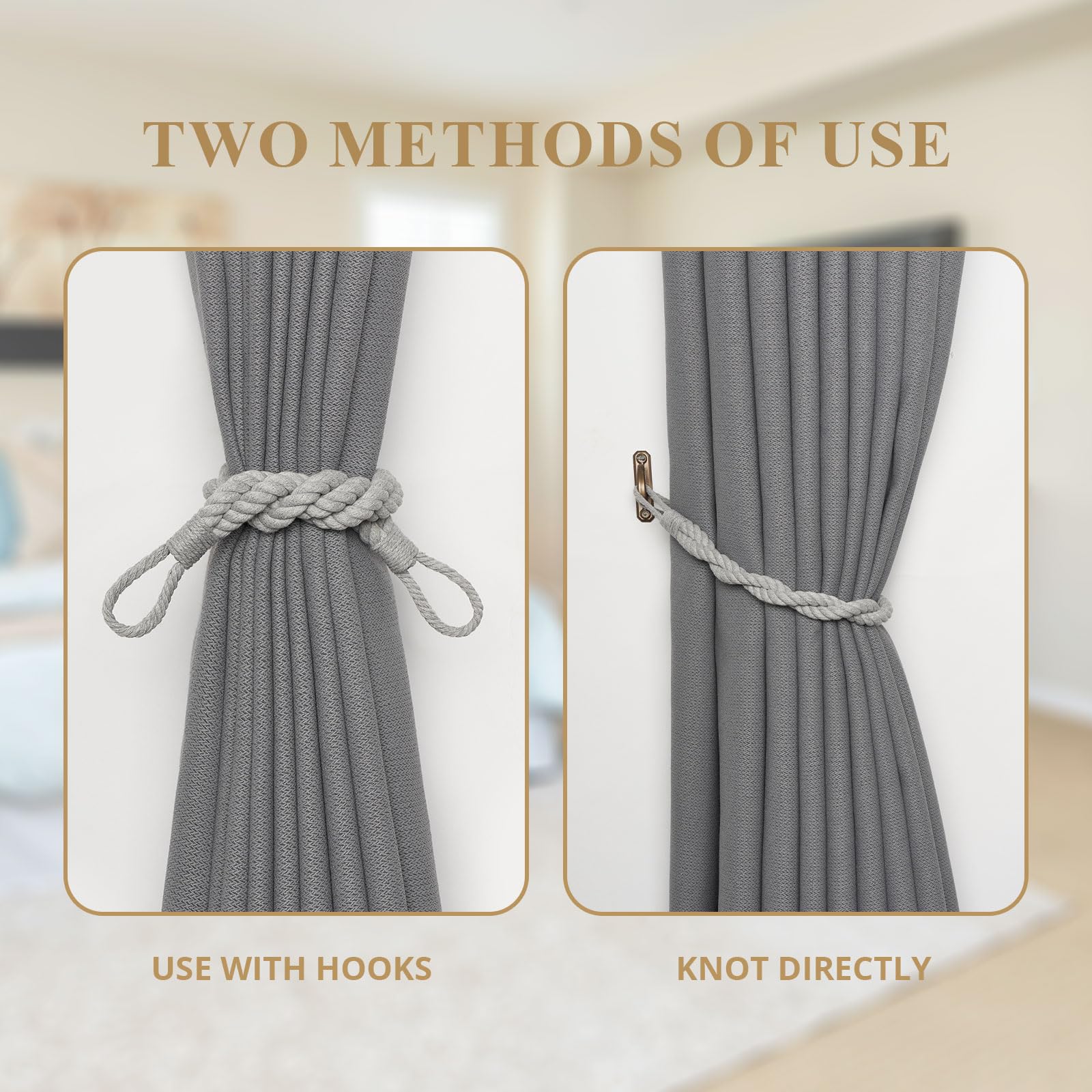 Pretty Jolly 2 Pack Natural Cotton Rope Curtain Tiebacks Elegant Boho Style Decor Drape Tie Backs Soft Hand-Woven Double Rope Curtain Holdbacks with Metal Hook for Home & Office Drapery (Light Grey) - Image 4
