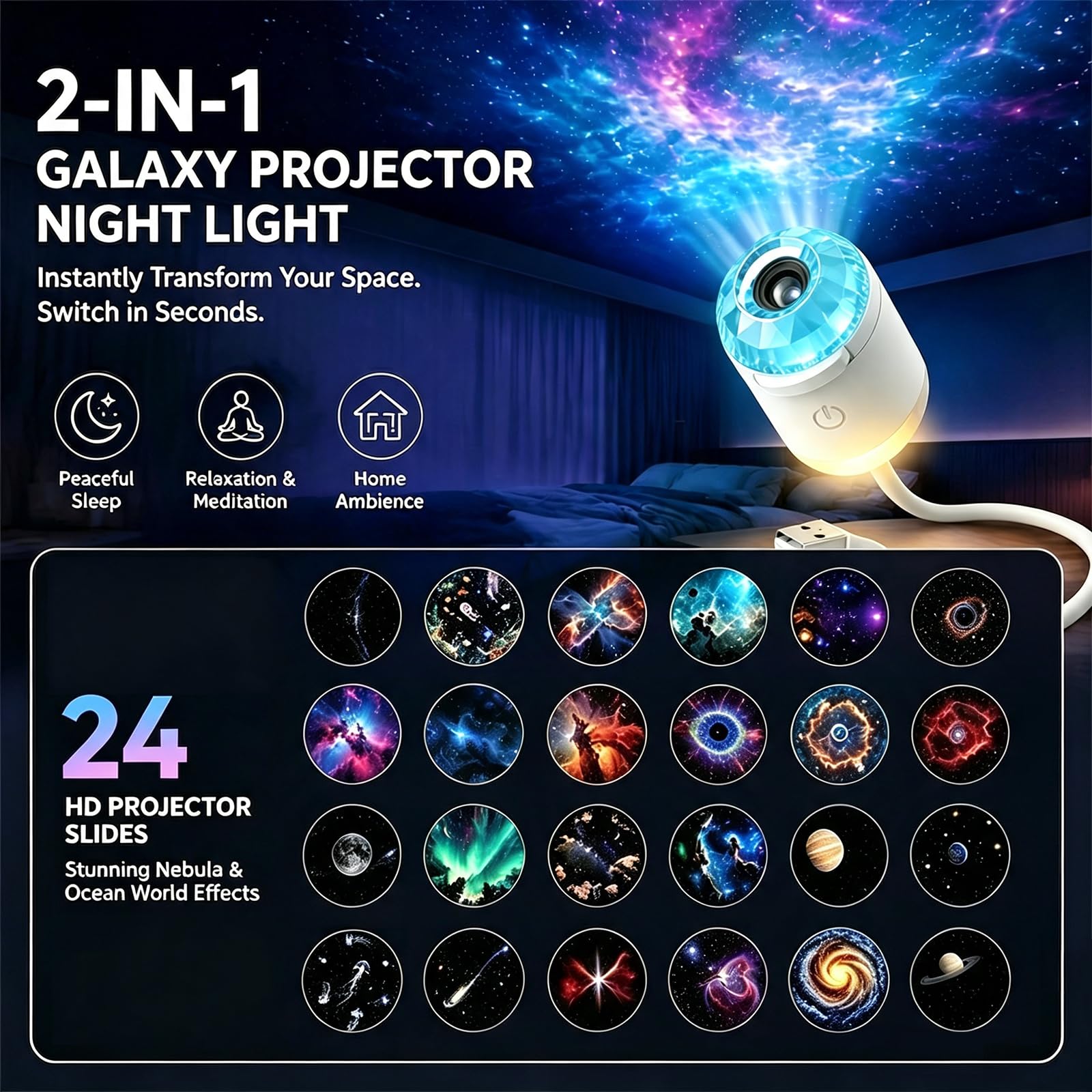 Proiettore di luce notturna 2 in 1 con 24 pellicole di proiezione, cistal blu luminosità regolabile 360° Plug and Play USB portatile Mini LED