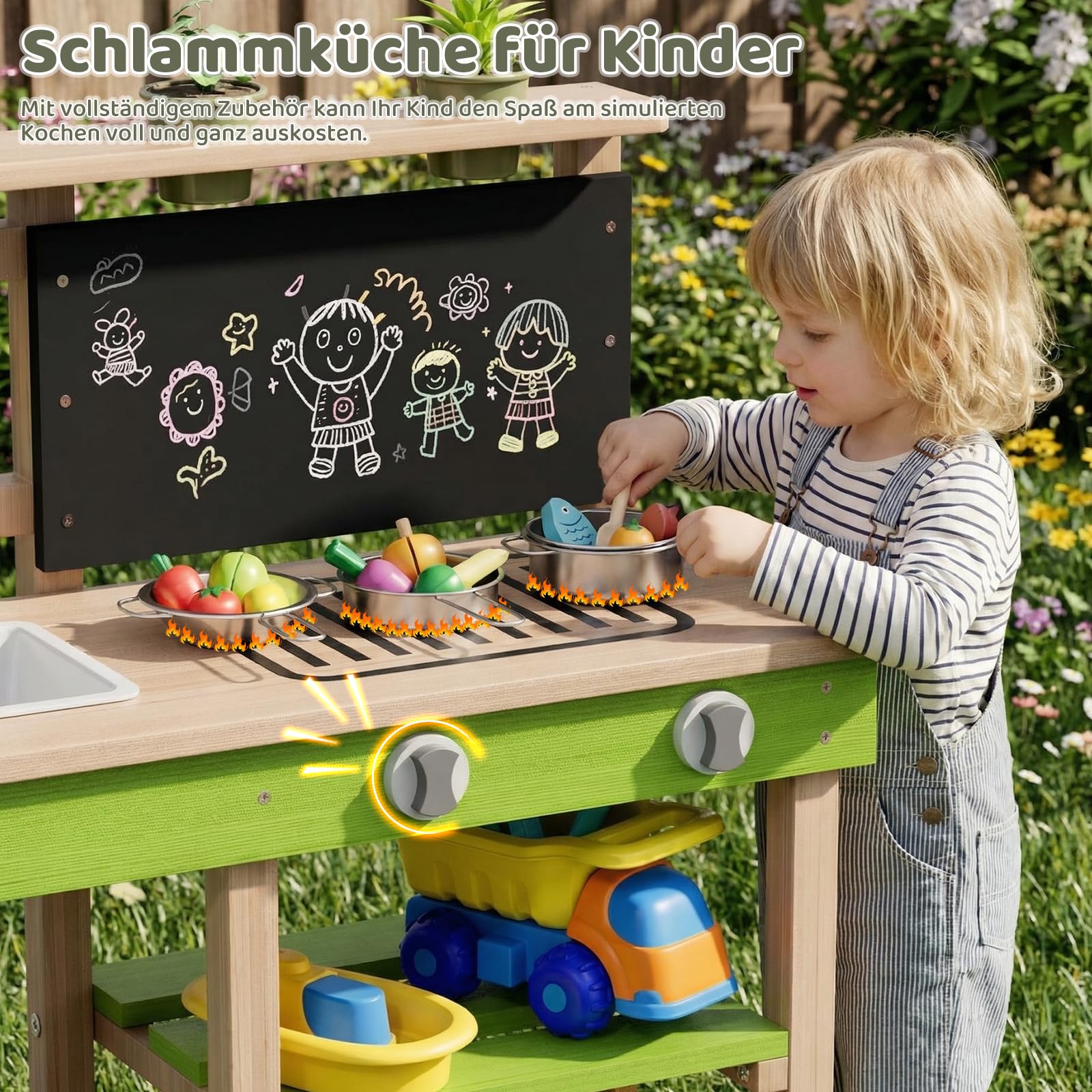MAMIZO Cucina per Bambini da Esterno, Cucina Giocattolo in Legno con Ruote, Rubinetto Funzionante, 4PCS Vasi per Piante, Lavagna, Ripiani e Accessori Cucina, 88,5x33,5x85 cm, per Bambini +3 Anni