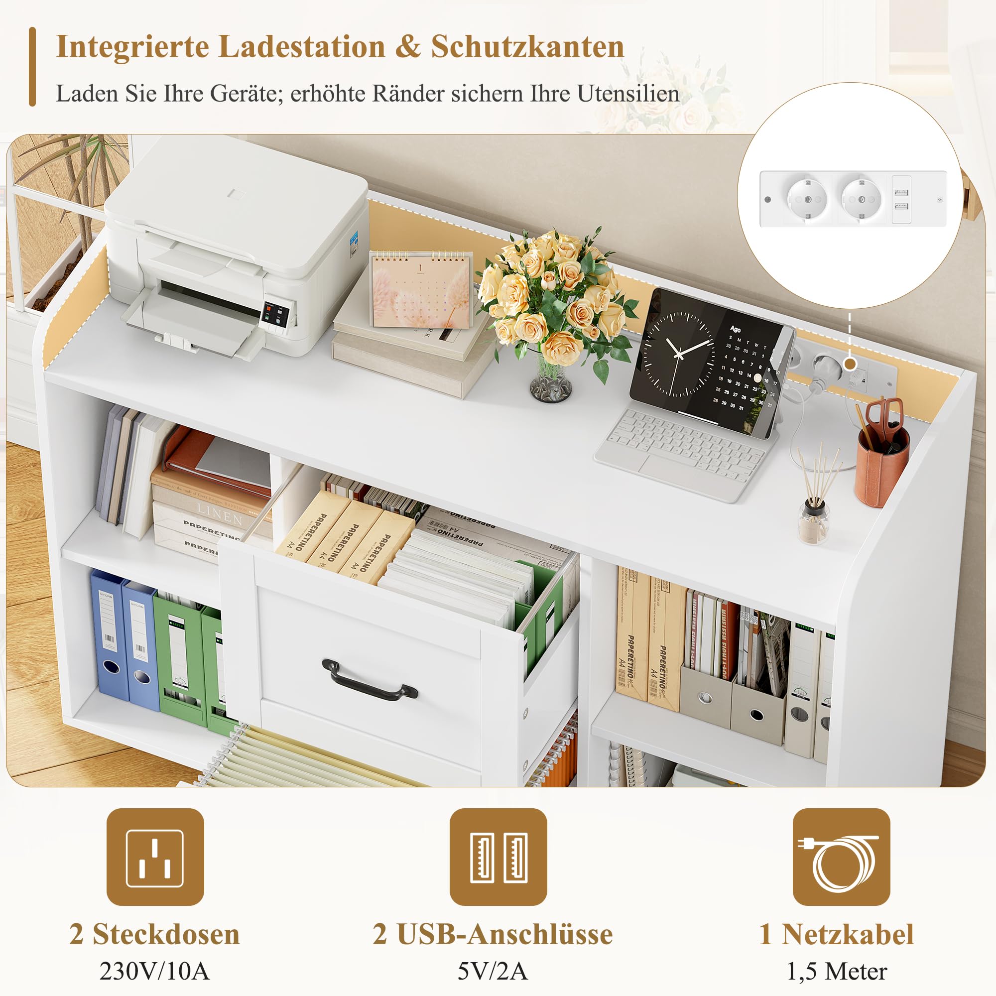 HOCSOK Aktenschrank, Rollcontainer mit Steckdosen, Schubladenschrank mit Rollen, 108*37.8*76, 5 Rollen, Druckertisch, Bürocontainer aus Holz für Hängeregistratur im A4, Legal, Letter, Homeoffice, Weiß