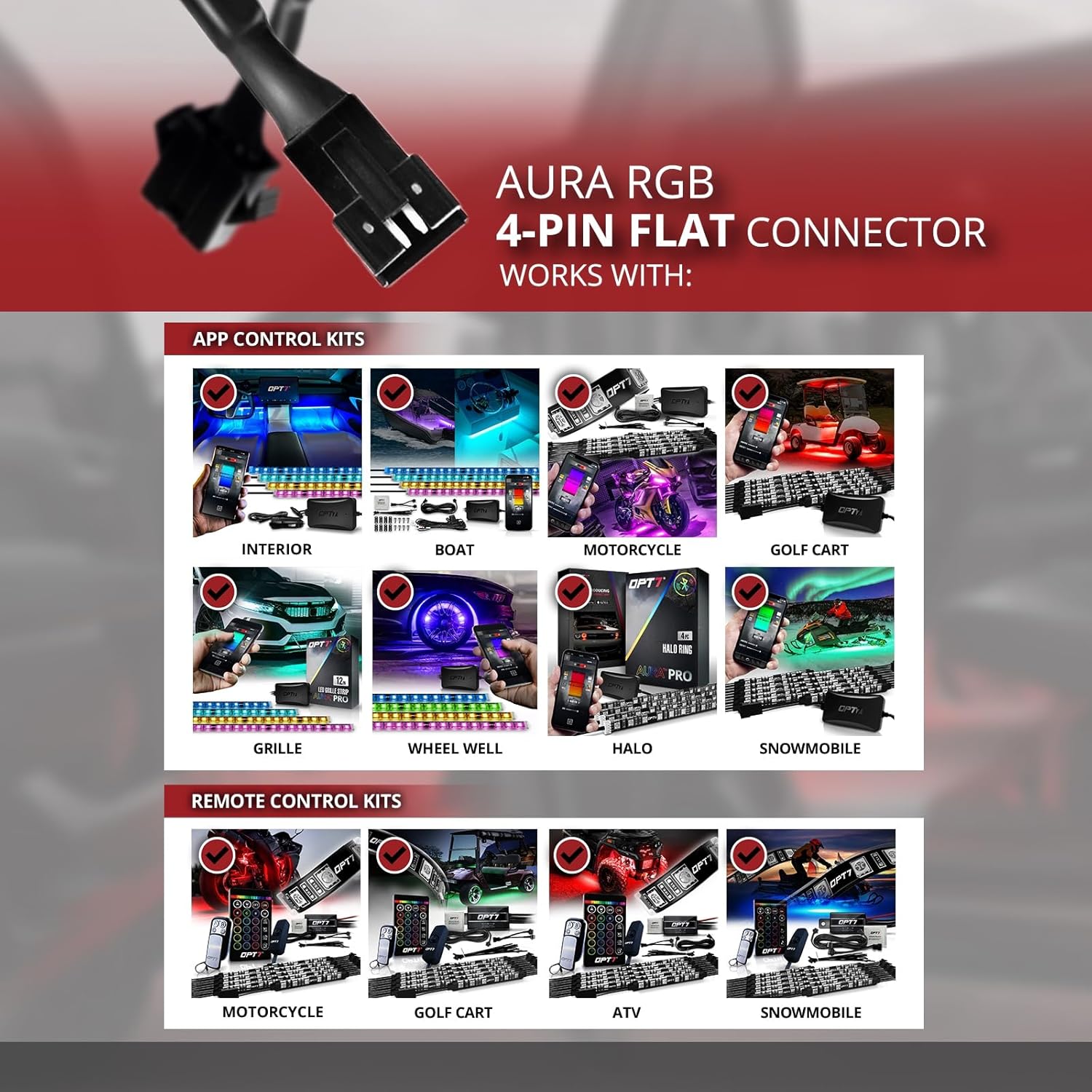 Grid of images showing various OPT7 Aura LED kits that are compatible with the 4-pin flat RGB connector, including interior, boat, motorcycle, golf cart, grille, wheel well, halo, and snowmobile kits.