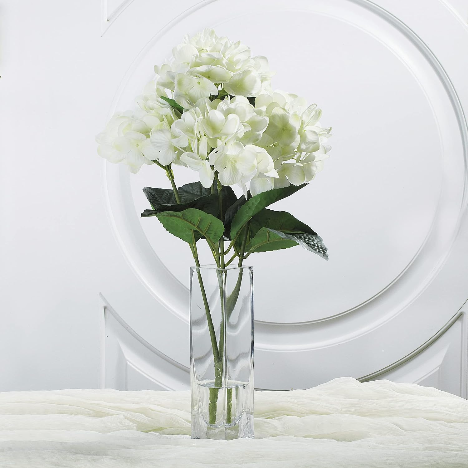 ENOVA HOME Natural Touch Hydrangea Flower in Clear Glass Vase with Faux Water (Cream)