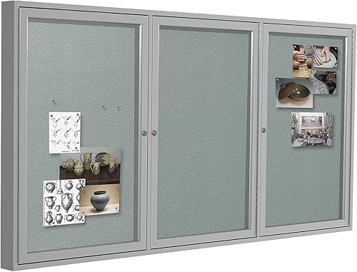 Vista 94 de Ghent Tablón de anuncios de vinilo cerrado de 2 puertas para exteriores, resistente a los golpes, con cerradura, marco de aluminio satinado