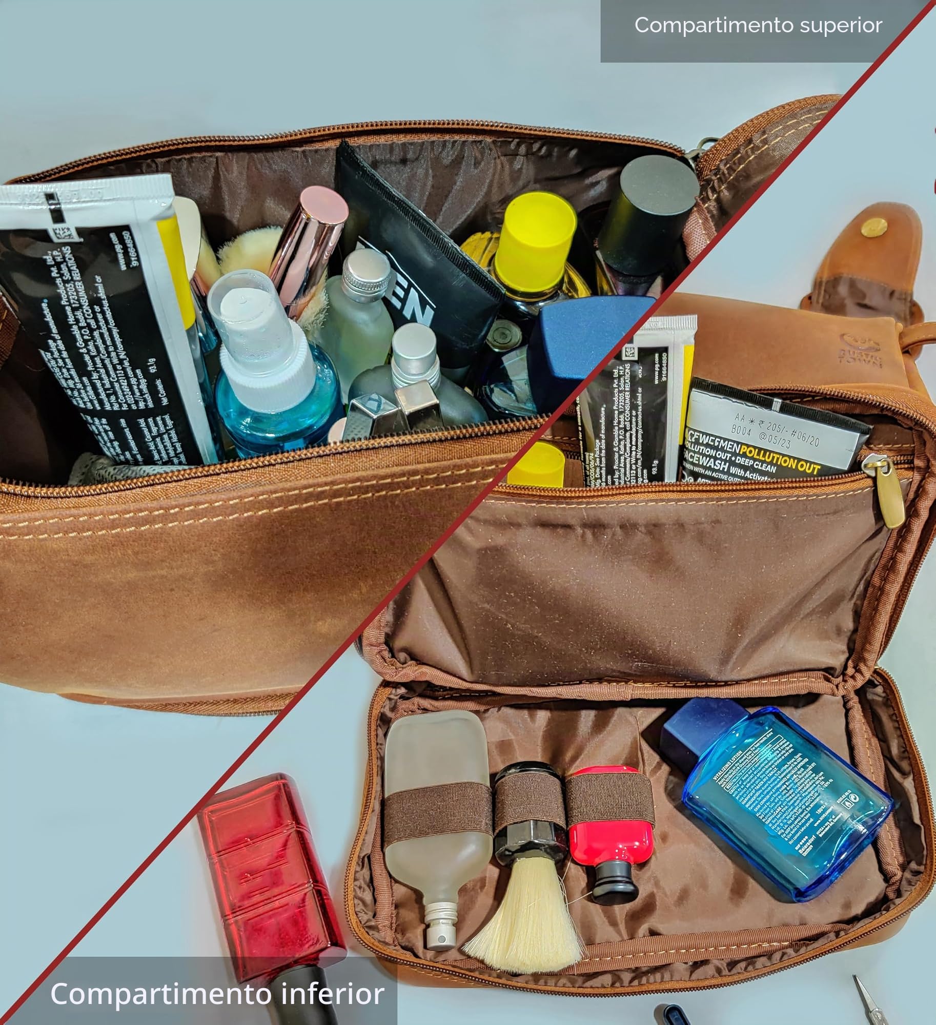 Neceser de Cuero para Hombres - Kit de Afeitado de Viaje - Organizador de artículos de tocador para Ducha de baño - Neceser de Maquillaje y cosméticos para Mujeres de Rustic Town