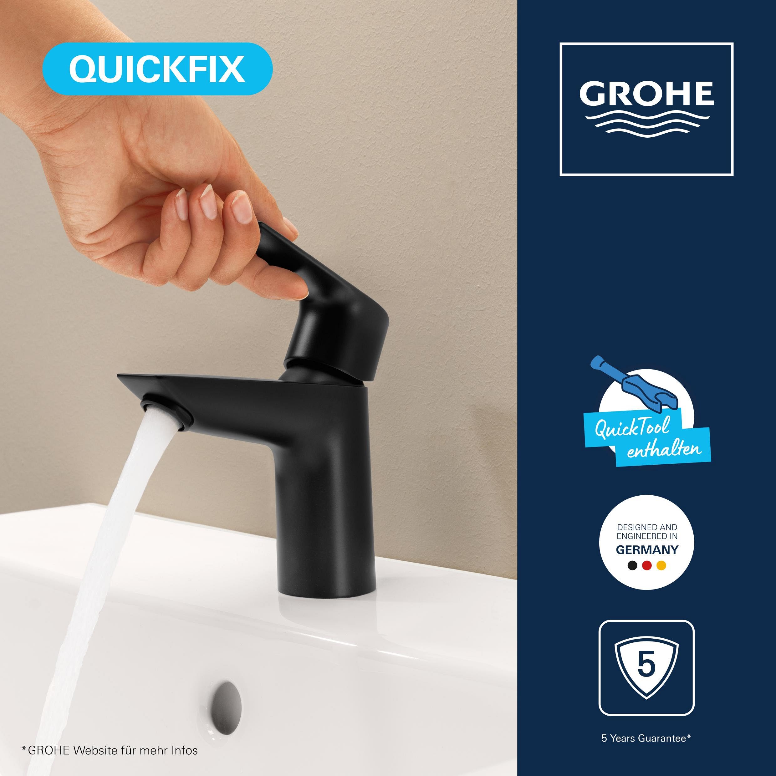 GROHE StartEdge, Waschtischarmatur 3,5l/min, wassersparend (Wasserhahn für das Bad, Badarmatur mit Zugstangen-Ablauf, 12cm hoch, mit 3in1 Werkzeug, einfache Installation), mattschwarz, 238982431