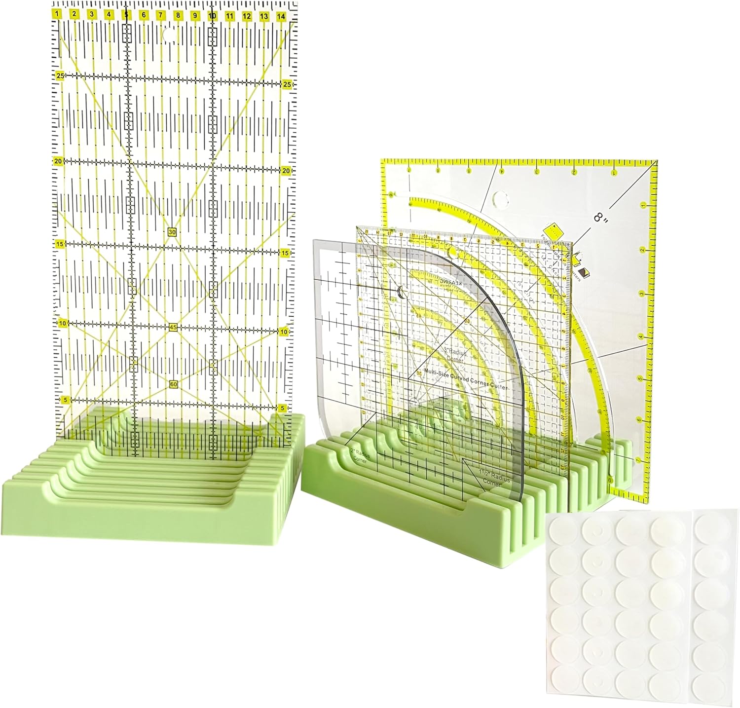 Quilting Ruler Organizers and Storage, 6 Inch 12-Slots, Non-Slip Ruler Grip Rings, Storage Rack for Quilting Rulers(Green-2 Sets)