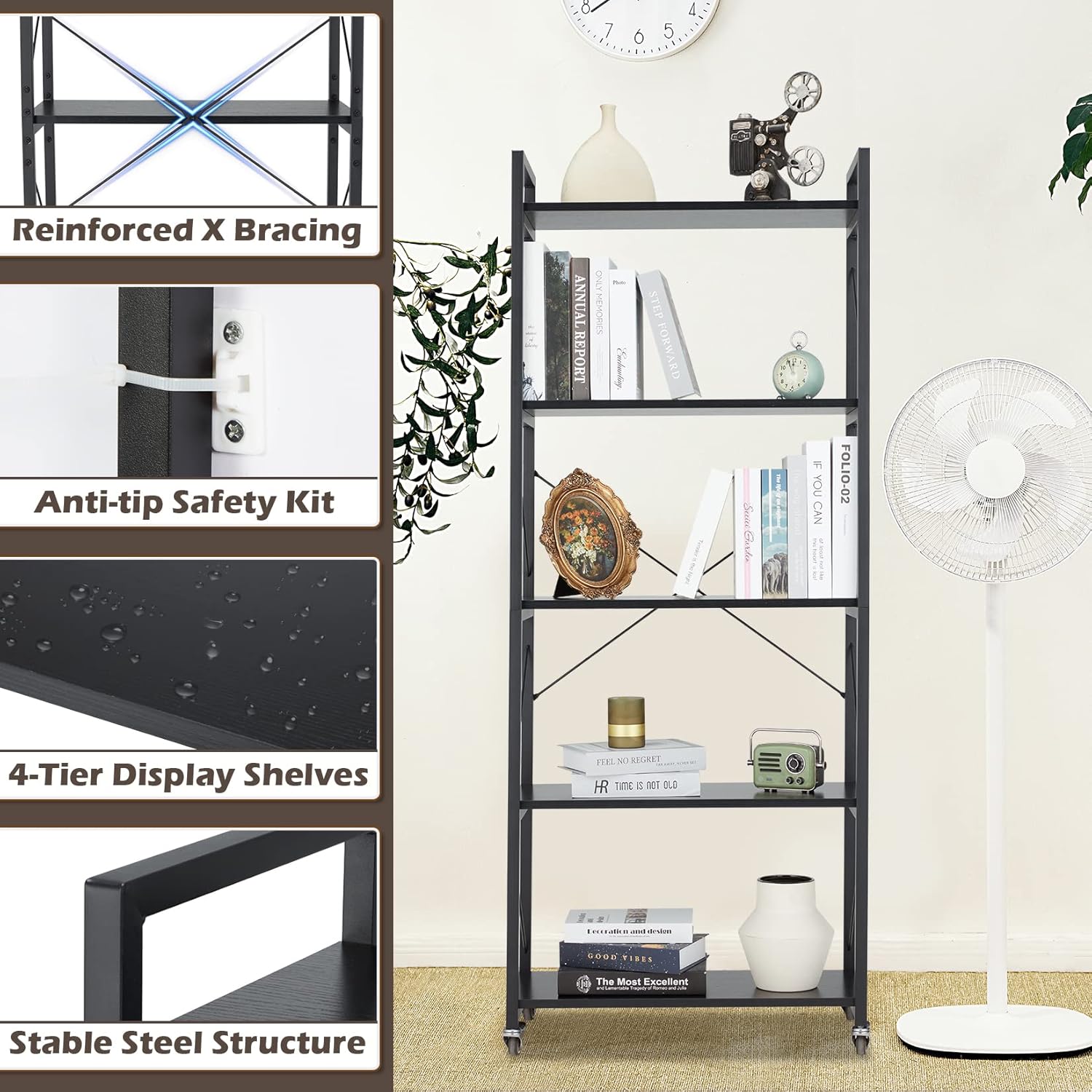 Buy ACIPENSER 5Tier Bookshelf, Tall Bookcase with Wheels, Rustic Wood