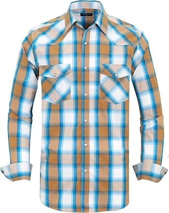 Mens Western Cowboy Shirts-Long Sleeve Snap Button Plaid Shirt, Regular Fit Cotton Casual Shirt