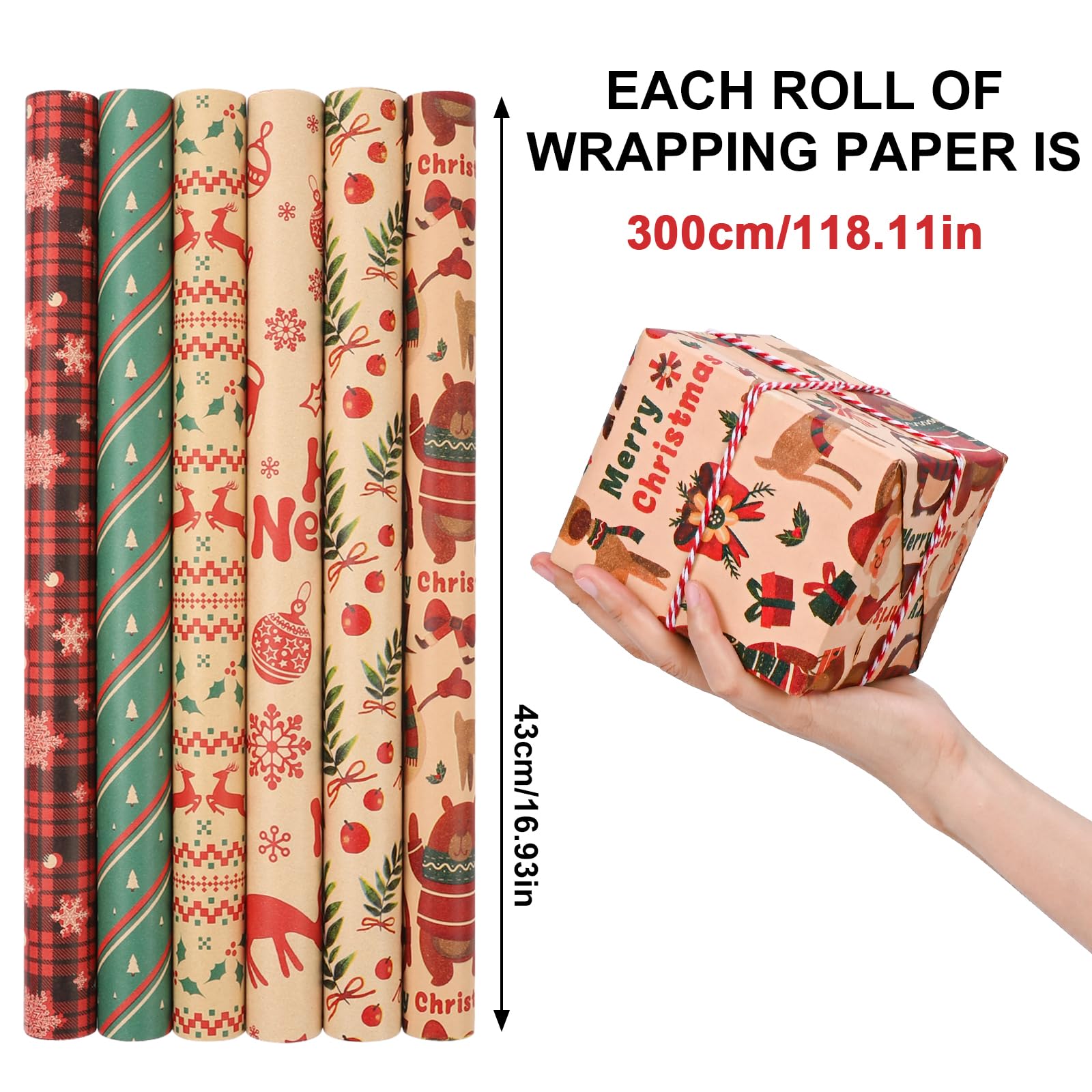 FullJoyHut 2 Rotoli di Carta Regalo Natalizio Kraft Riciclabile - 43cm x 15M per Rotolo, Carta da Regalo Vintage Rossa Fiocchi di Neve con Etichette, Corda e Nastro per Confezione Regalo di