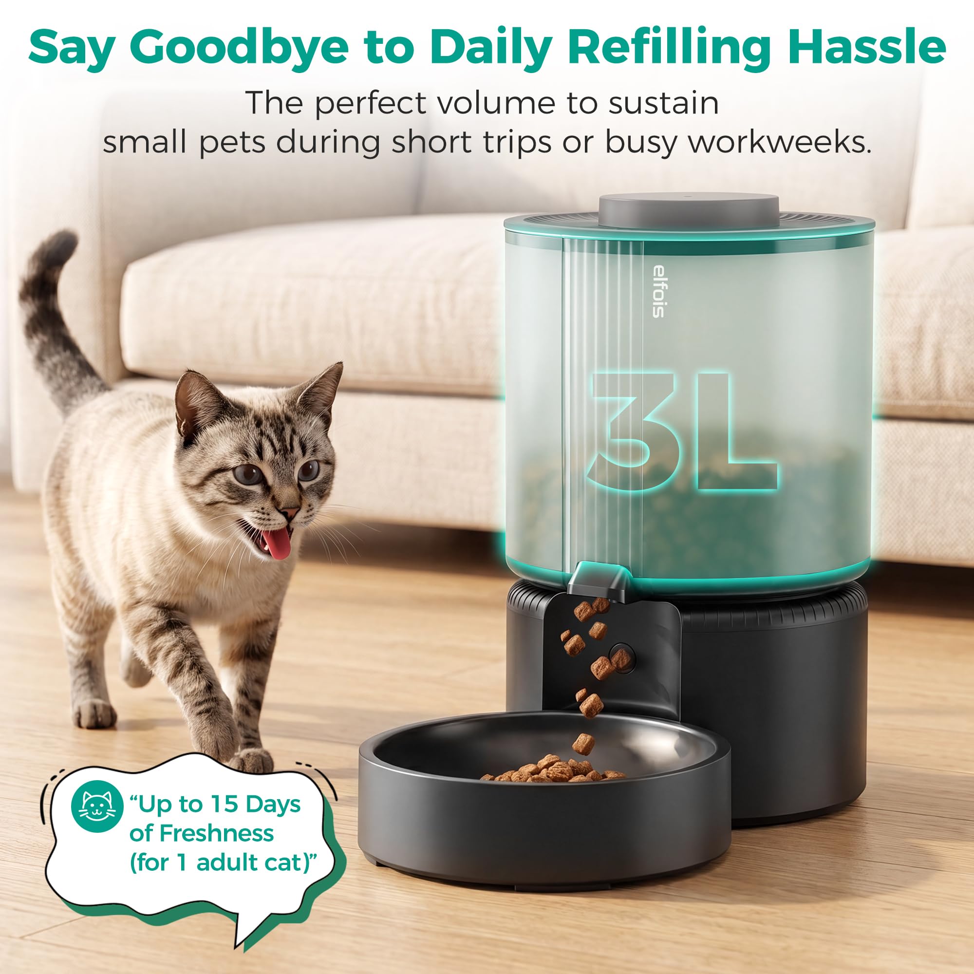 Comedero automático para gatos, comedero WiFi para mascotas con control de aplicación, dispensador automático de alimentos para mascotas de 3 litros con diseño sin obstrucciones, estructura
