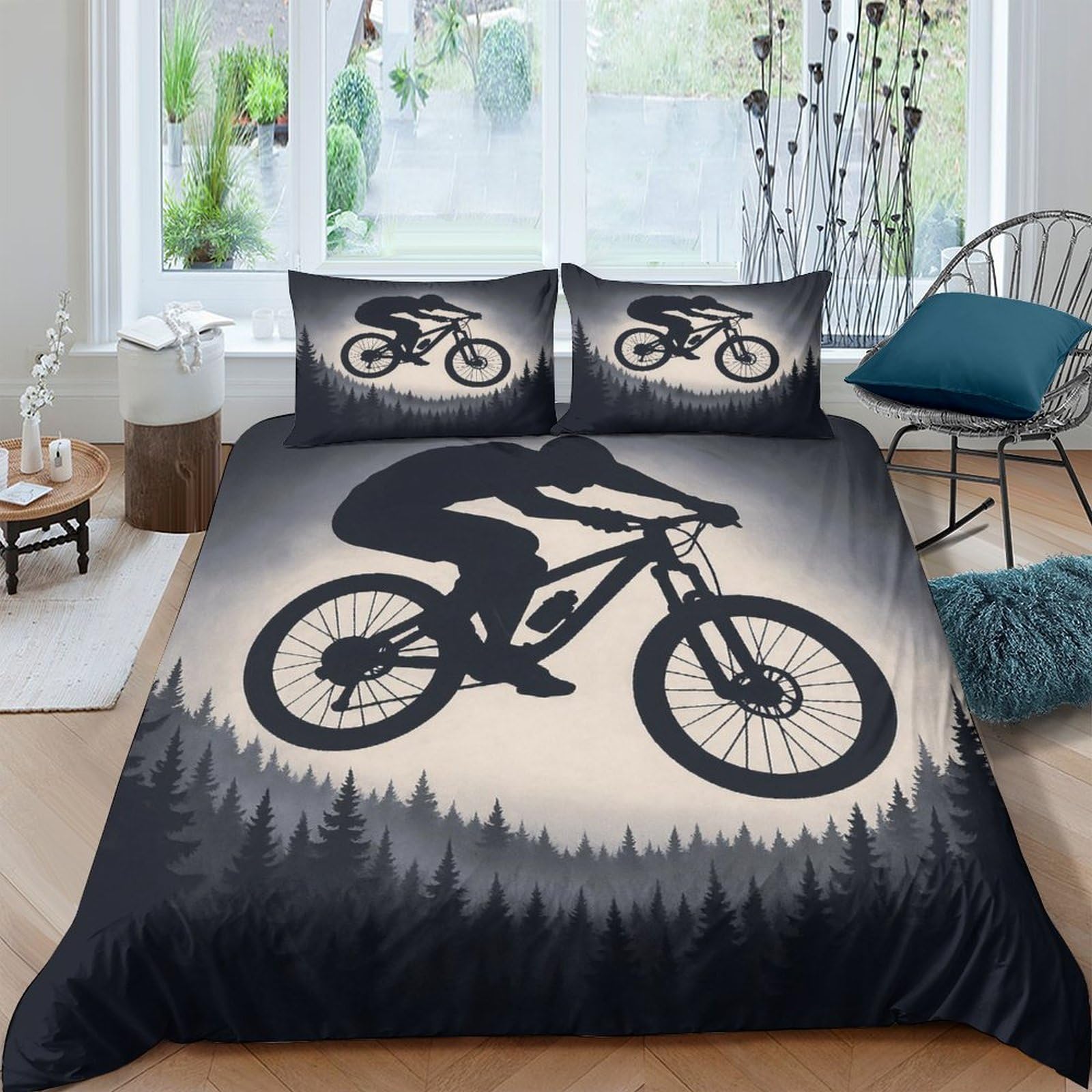 Ctjqhvkz Style-10 3D Printed Mountain Bike Fitted Sheet Microfiber Soft Breathable Forest Silhouette Bed Cover For Bedroom Dorm Mattress Decor Single（135X200cm）