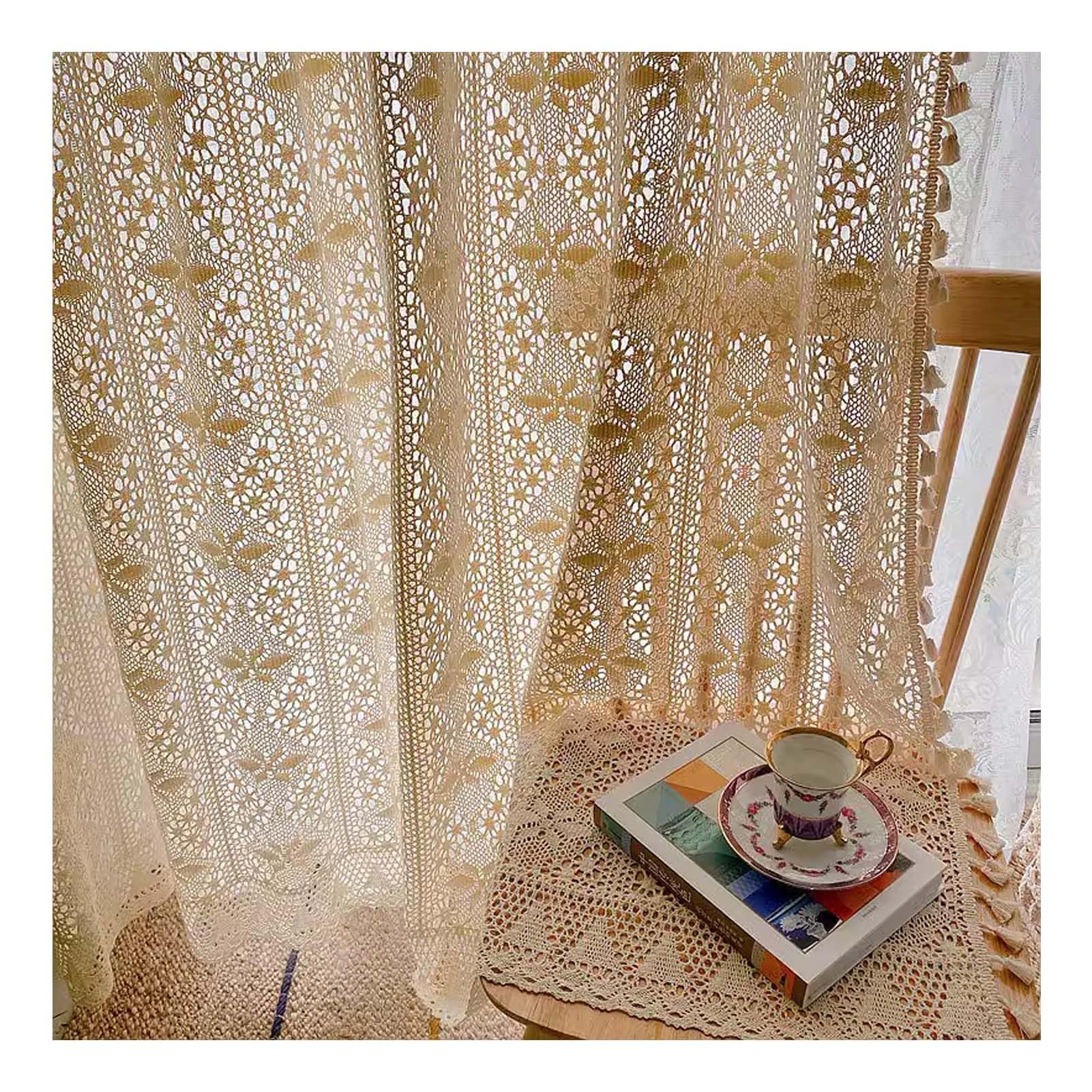 Rideaux en Dentelle Beige Shabby Chic avec Pompons, Rideaux De Fenêtre Vintage Creux en Coton Style Bohème pour Cuisine, Salon, Chambre à Coucher, 1 Panneau