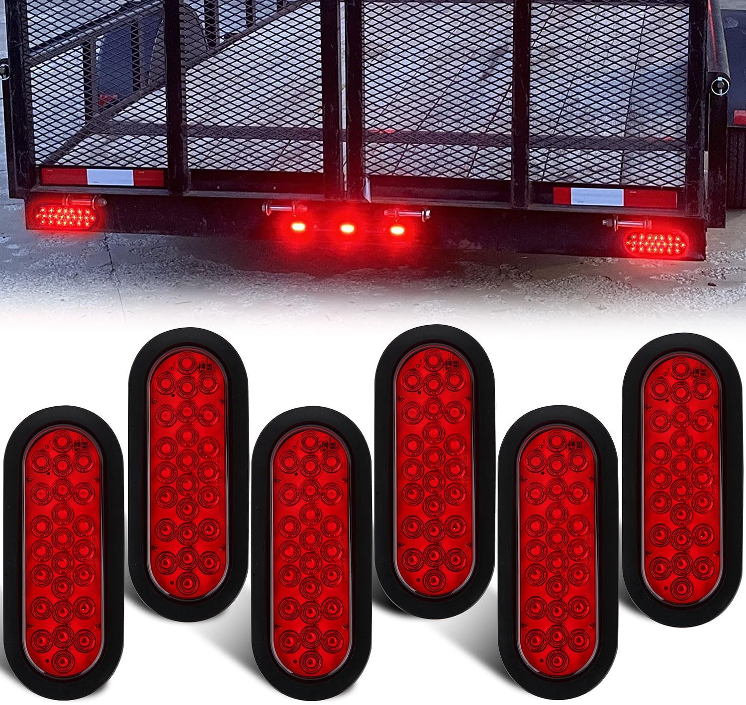 6 Pcs 6 Inch Red Oval Led Trailer Tail Lights 24 LED Grommet Mount, Oval 6" Red Stop Turn Tail Brake Light Rubber Flush Mount Replacement for Trailer RV Trucks Bus Waterproof