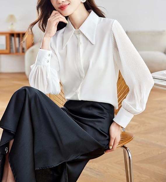 LAI MENG FIVE CATS Women's Fashion Shirt V Neck Lantern Sleeve Elegant Blouse Casual Button Tops