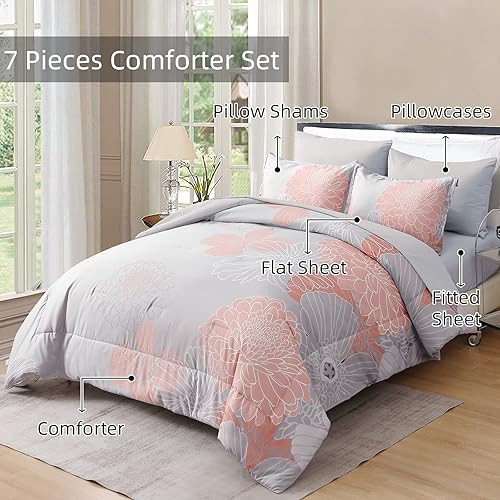Miniatura 3 de Yiran Juego de edredón de 7 piezas color gris rubor floral en una bolsa, juego de ropa de cama de microfibra suave, tamaño Queen de 90 x 90 pulgadas