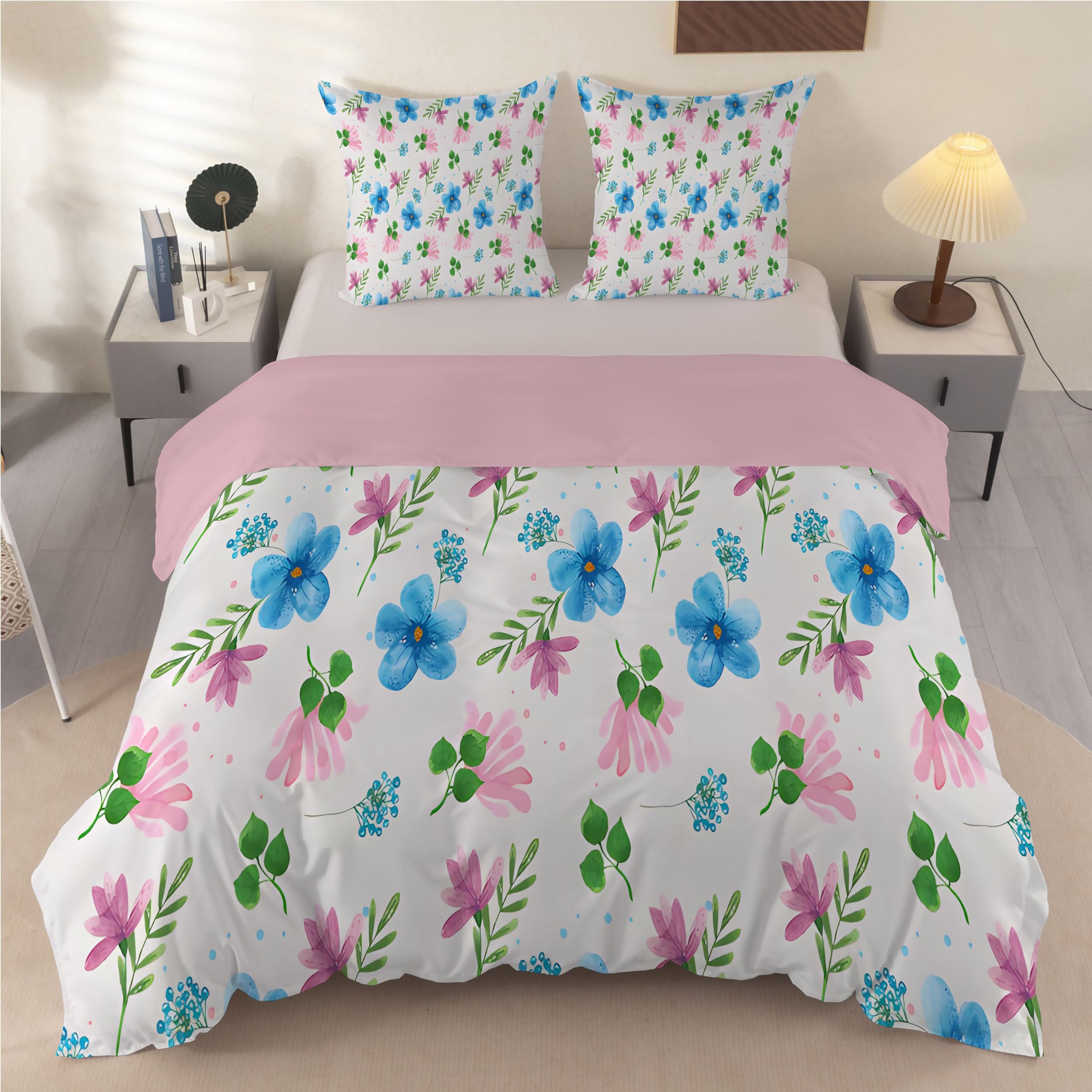 Housse de couette 240 x 260 cm fleurs pour lit 2 personnes avec taies d'oreiller