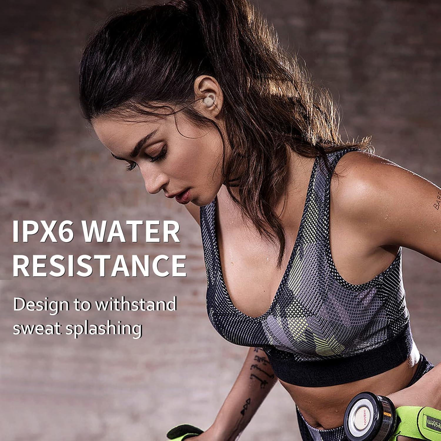 Woman exercising while wearing wedoking Sleep Earbuds, illustrating IPX6 water resistance.