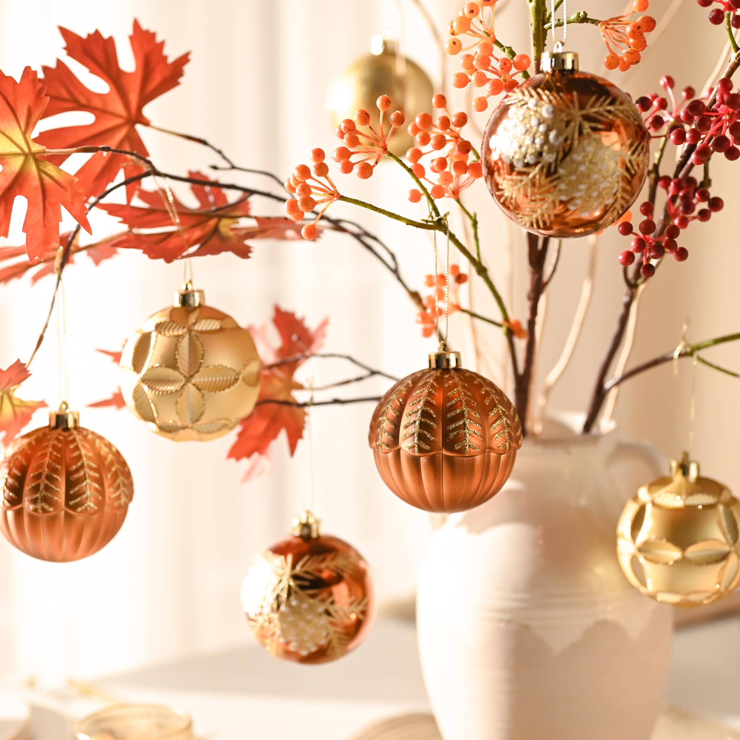 Valery Madelyn Large Christmas Ornaments Set for Fall Decor, 16ct 3.15 Inches Brown Copper Gold Shatterproof Christmas Tree Decorations, Woodland Bronze Hanging Ball Bulk Thanksgiving Autumn Harvest