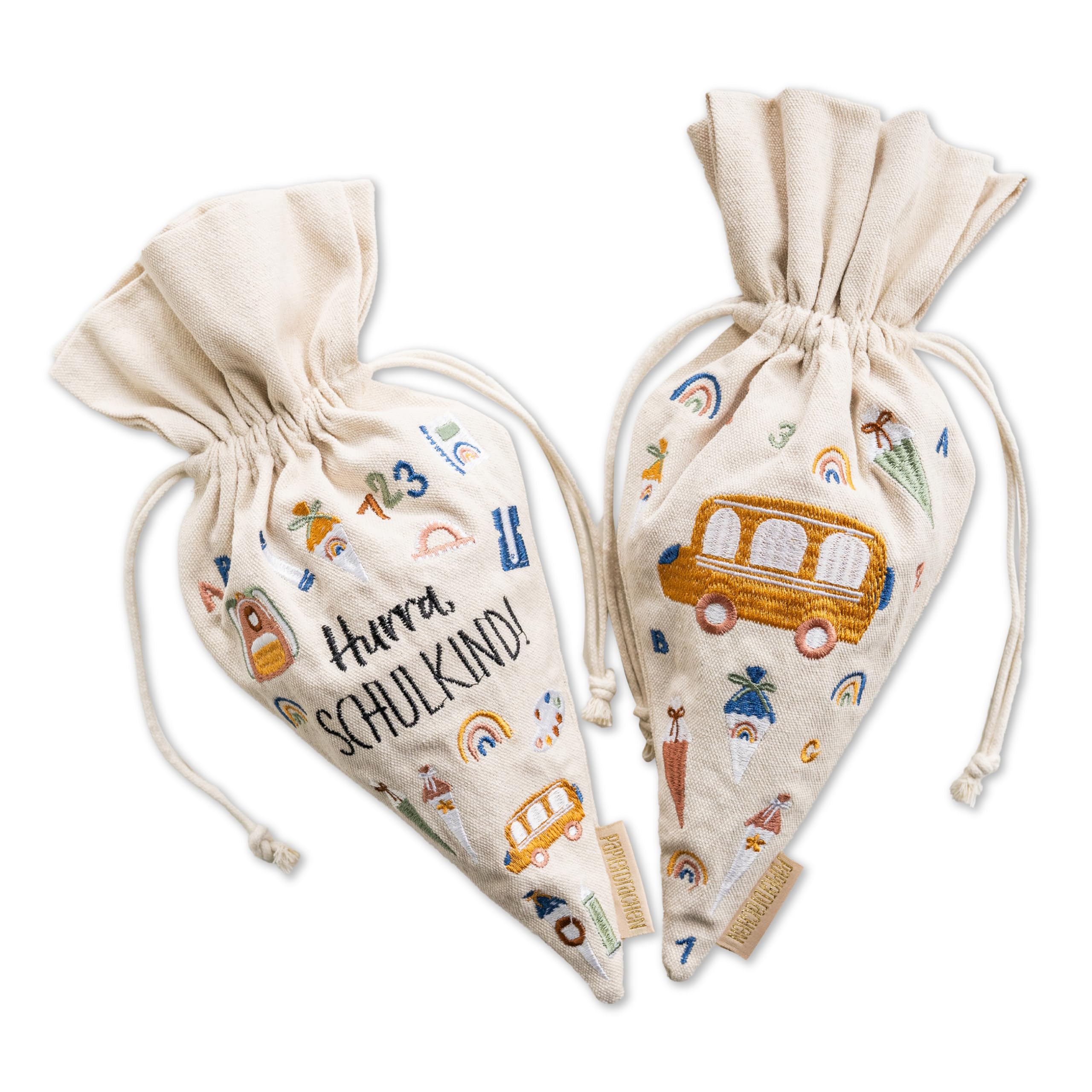 Papierdrachen Set of 2 Gift Bags School Cone Design – School Gifts – 32 x 18 cm, Pastel Colours, Embroidered, Lightweight and Durable