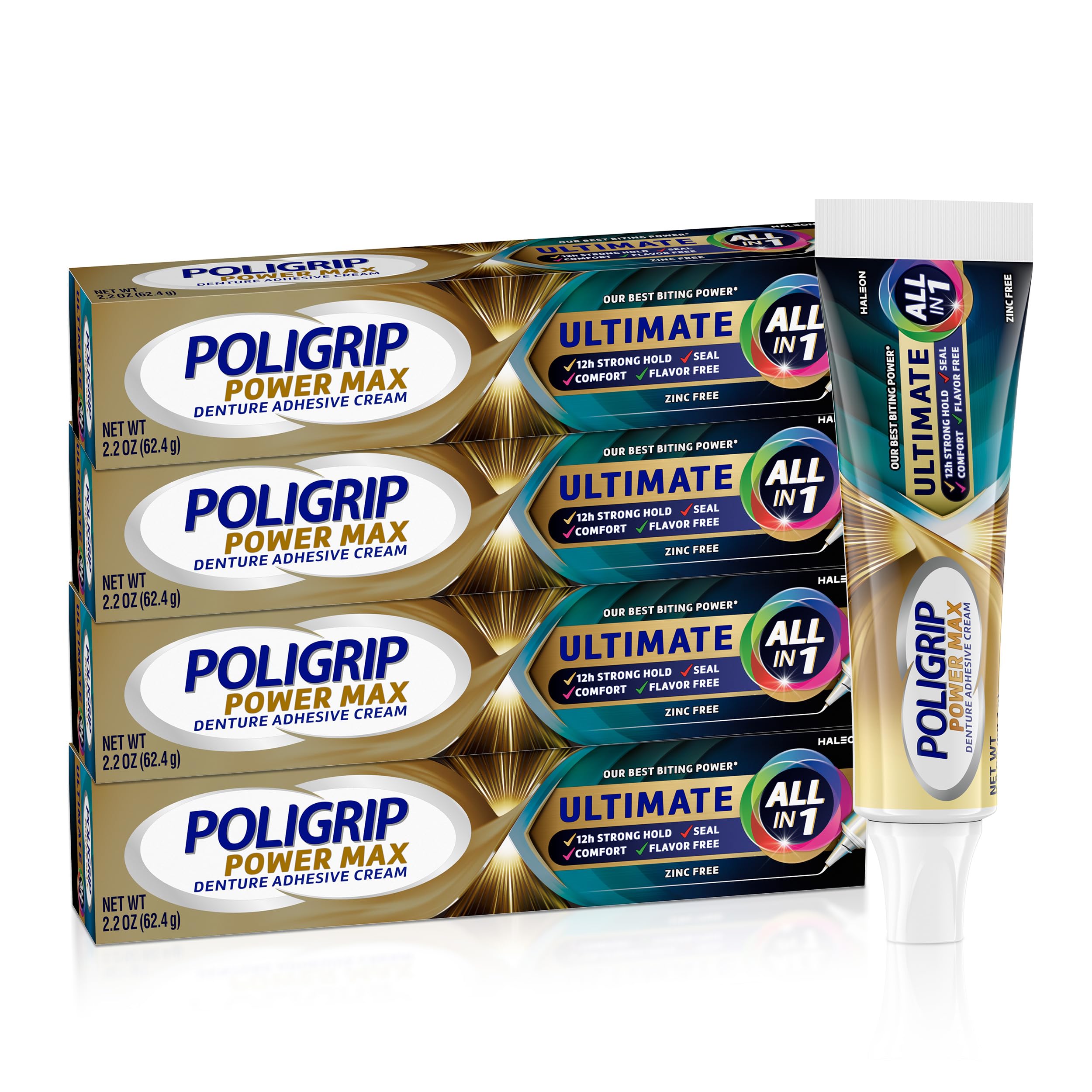Poligrip Ultimate All-in-1 Denture Adhesive Cream, 2.2 oz (4 Pack)