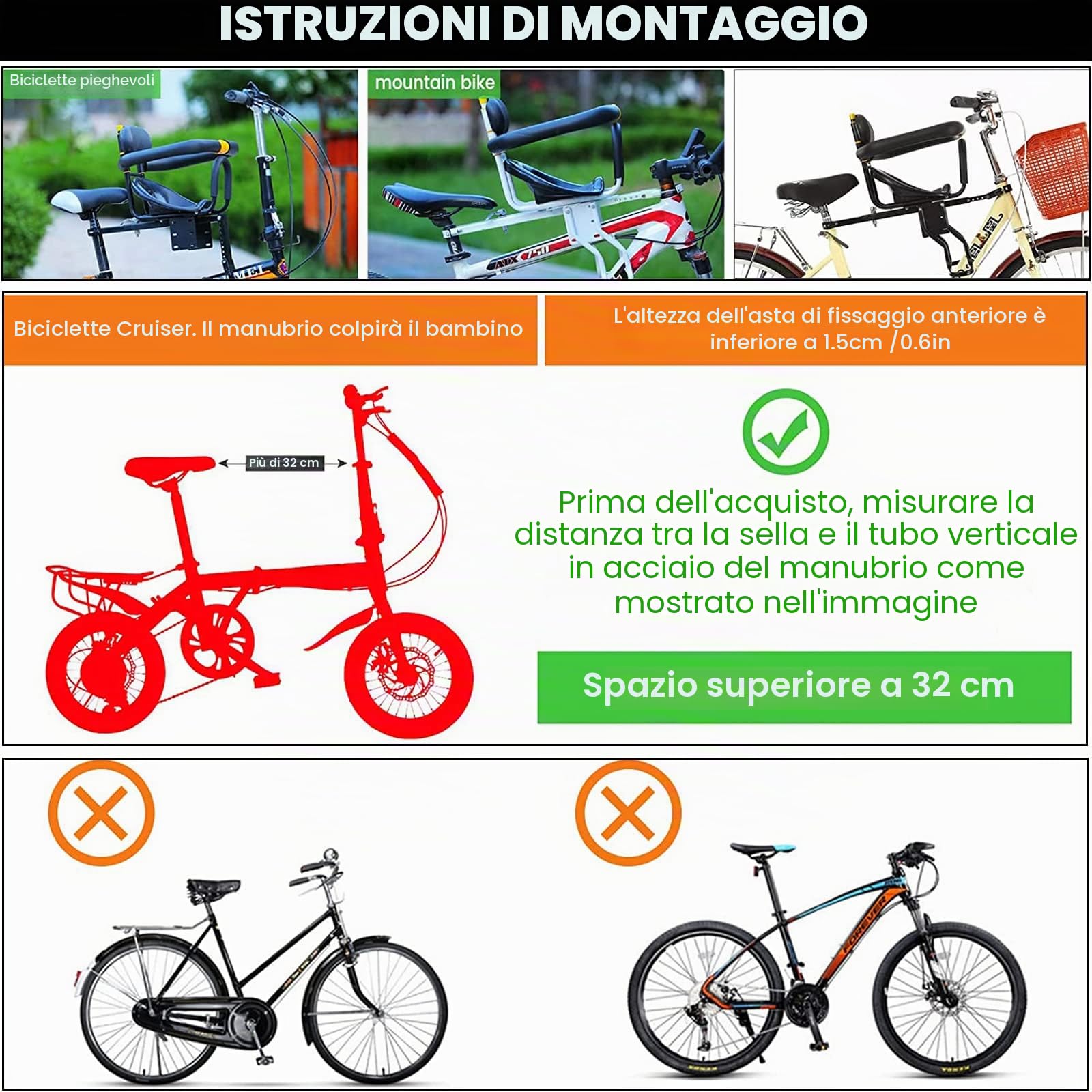 Honeyhouse Seggiolino Bicicletta Anteriore per Bambino | Pieghevole Sedile Seggiolino Anteriore con Braccioli e Pedale | per Bambini 2-6 Anni - Max 50KG