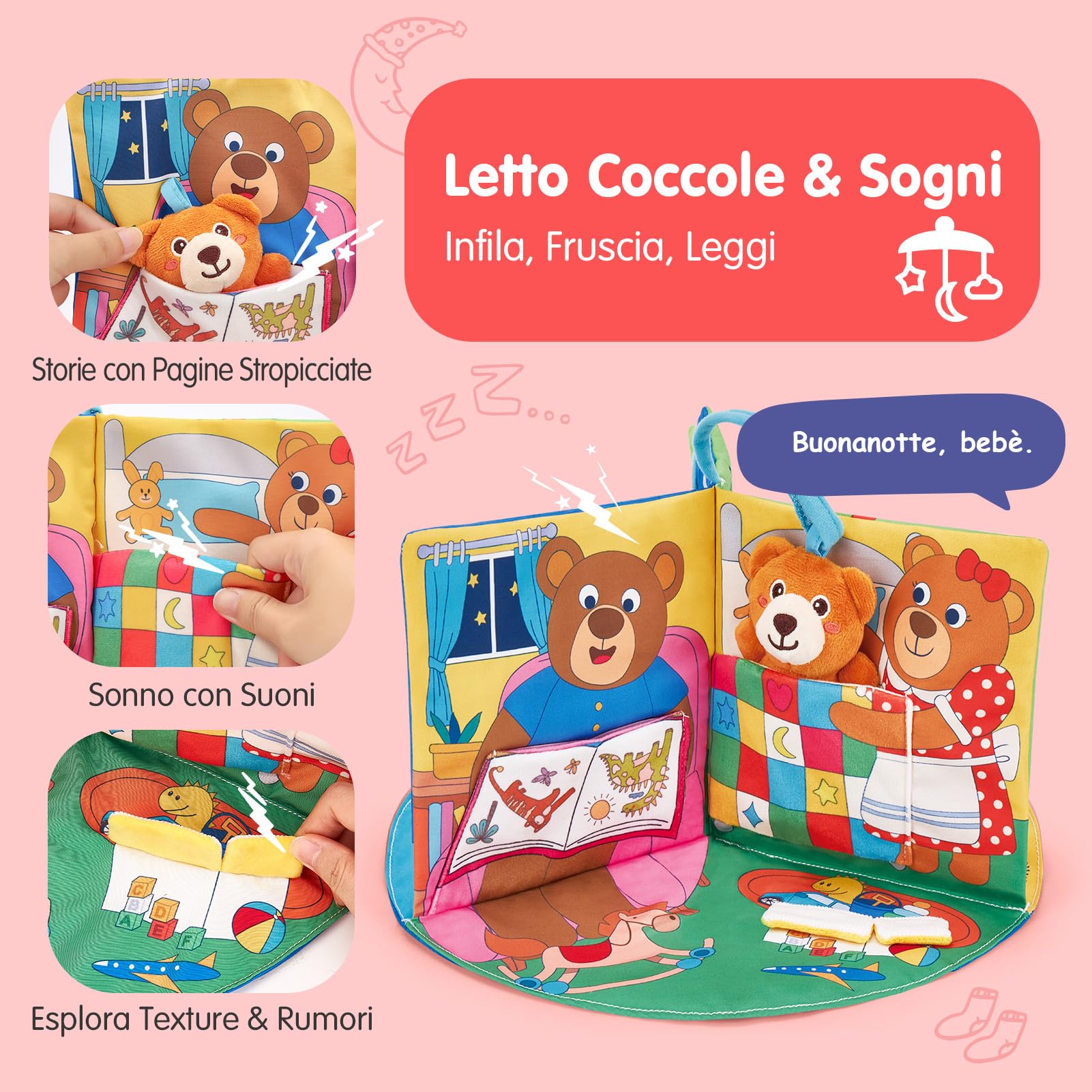 hahaland Libro Sensoriale Neonati 6-12 Mesi, 3 in 1 Morbidi Libro Montessori Interattivo con Specchio & Orsetti Rimovibili, Libri di Stoffa Giochi Tummy Time Neonato Giocattol 3 6 9 12 Mesi