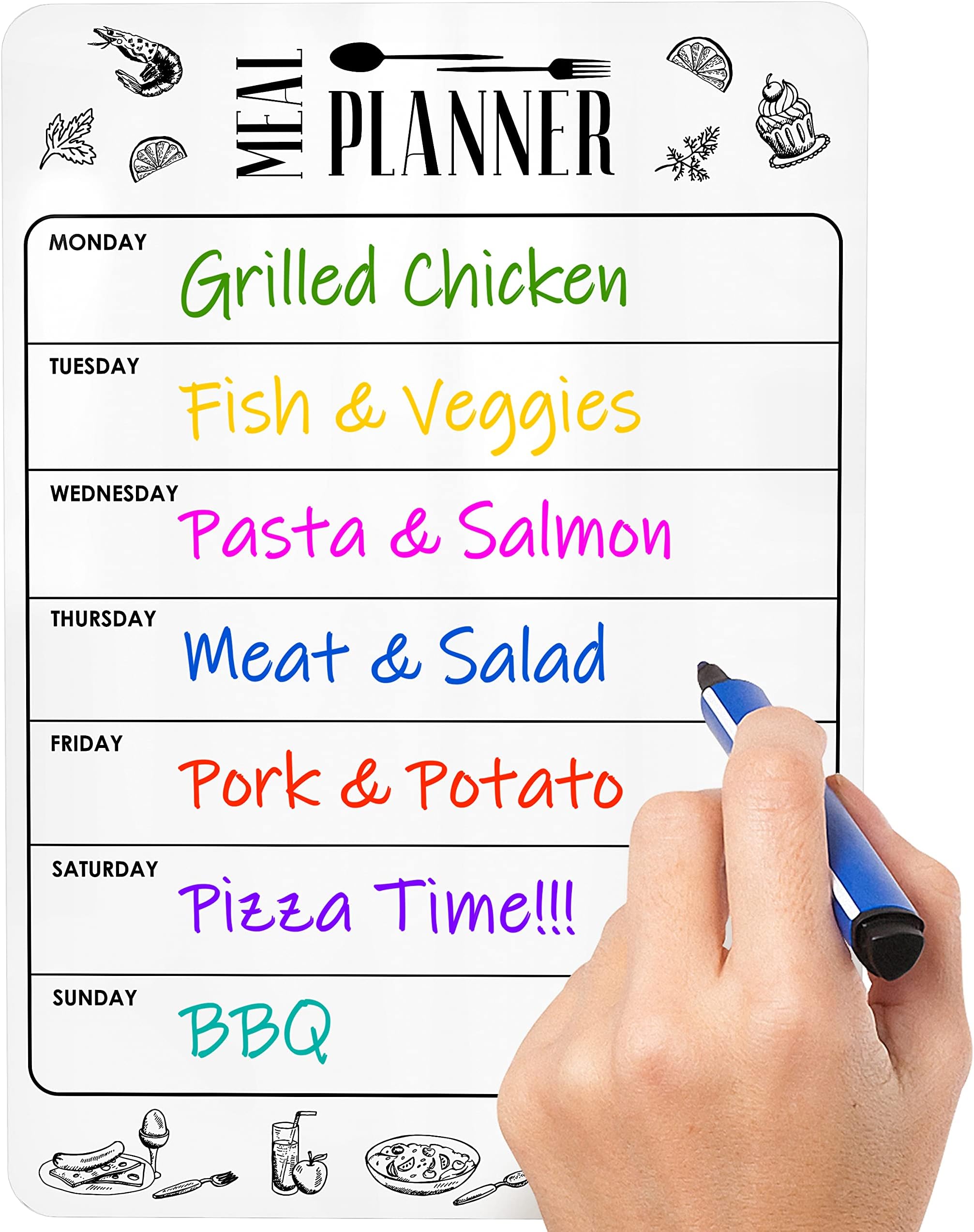 JUZARI Magnetic Meal Planner for Refrigerator Dry Erase A4 - Magnet Weekly Menu Board for Fridge - Magnetic Menu White Board - Fridge Meal Planner Magnet - Meal Planner Dry Erase Board