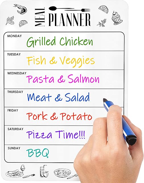 Weekly Meal Planner Magnetic A4 for Fridge - Magnetic Meal Planning Whiteboard - Magnetic Dry Erase Menu Board for Fridge - Magnetic Refrigerator Whiteboard - Weekly Menu Planner Grocery Shopping List