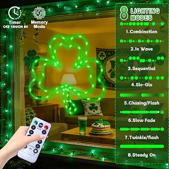 St. Patrick's Day Window Lights, 13 8 Modes Double Shamrock Window Lights, 65 LED USB Powered Clover Lights with Remote, Timer, Lighted St. Patrick's Day Decoration for Window Home Wall