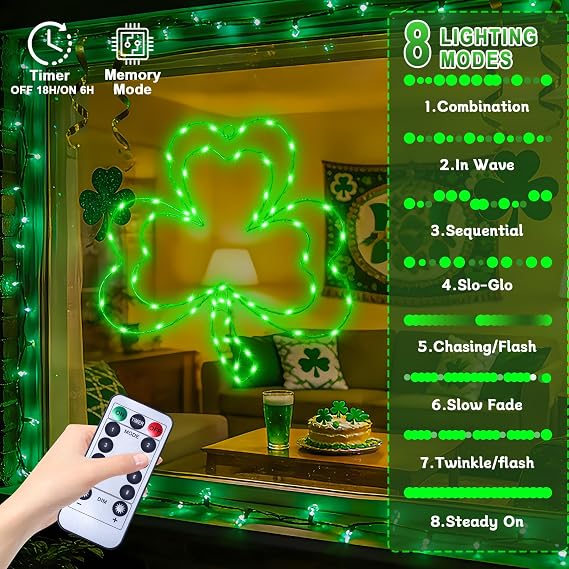 St. Patrick's Day Window Lights, 13 8 Modes Double Shamrock Window Lights, 65 LED USB Powered Clover Lights with Remote, Timer, Lighted St. Patrick's Day Decoration for Window Home Wall