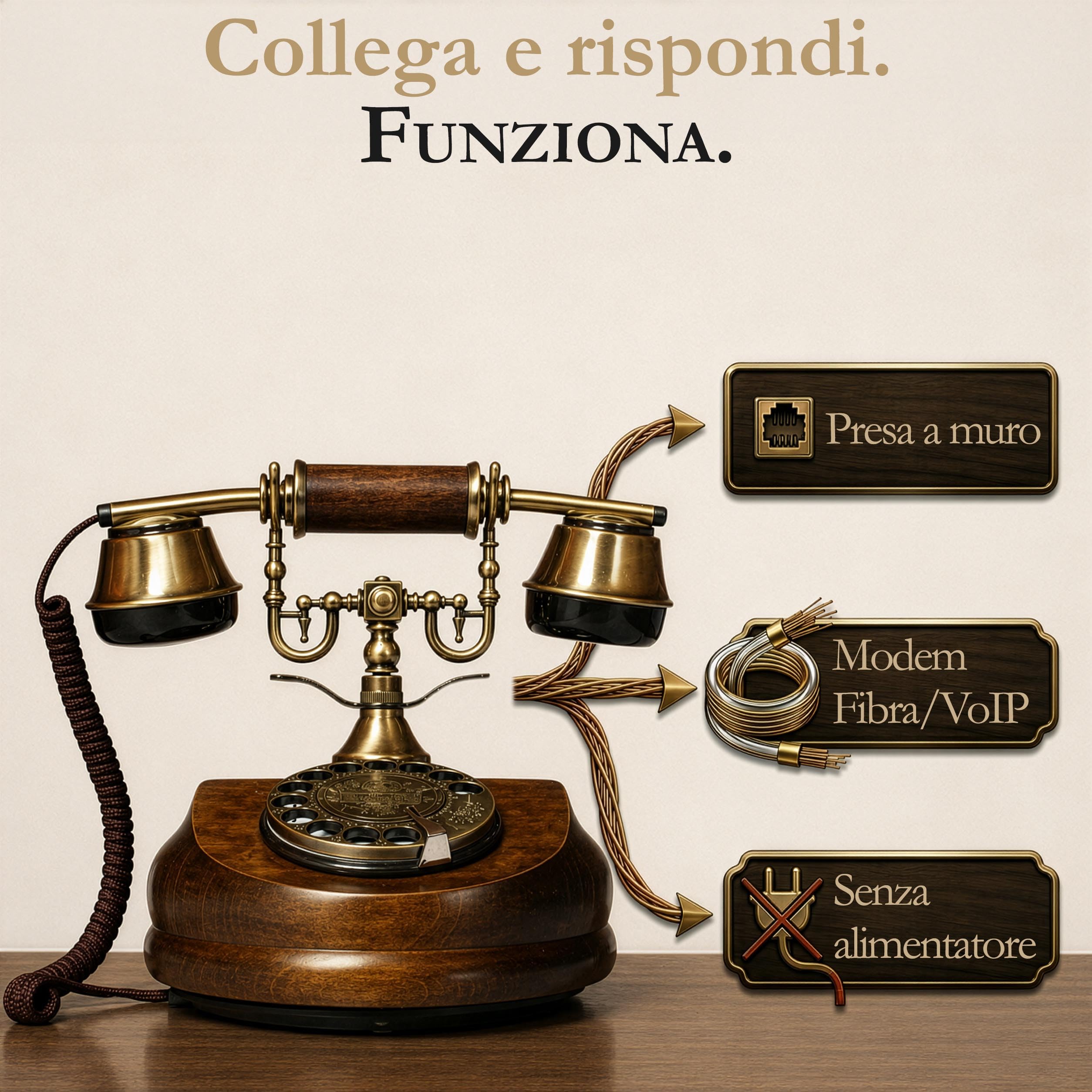 Opis Technology 1921 Cable Modello A — Telefono Fisso Vintage in Legno, Telefono Antico da Tavolo con Disco Combinatore e Campana in Metallo (Senza Bluetooth)