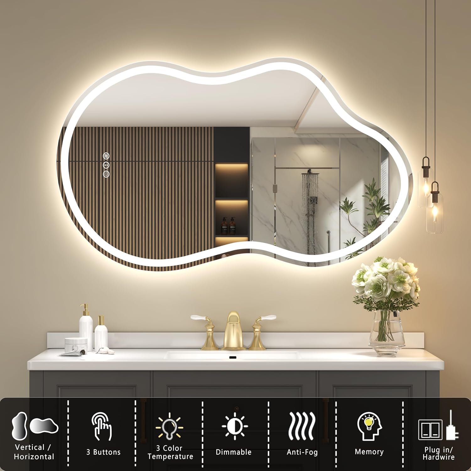 SMIROR Irregular Led Backlit Bathroom Mirror 60 x 32 inch, Asymmetrical Cloud Lighted Vanity Mirror with Lights for Wall, Anit-Fog, Dimmable, Memory (Vertical/Horizontal)