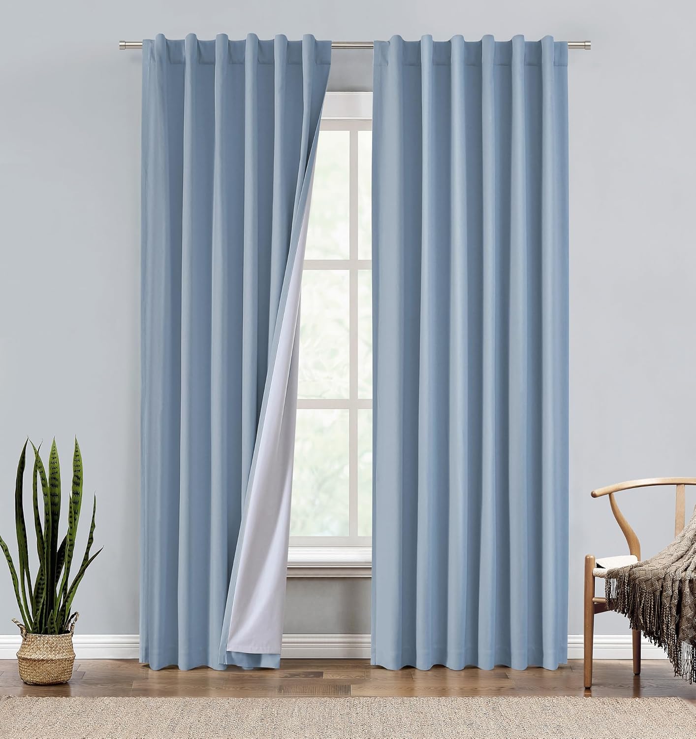 セントラルパーク ライトインディゴ コットンリネン フル遮光カーテン ファームハウス ウィンドウトリートメント バックタブロッドポケ